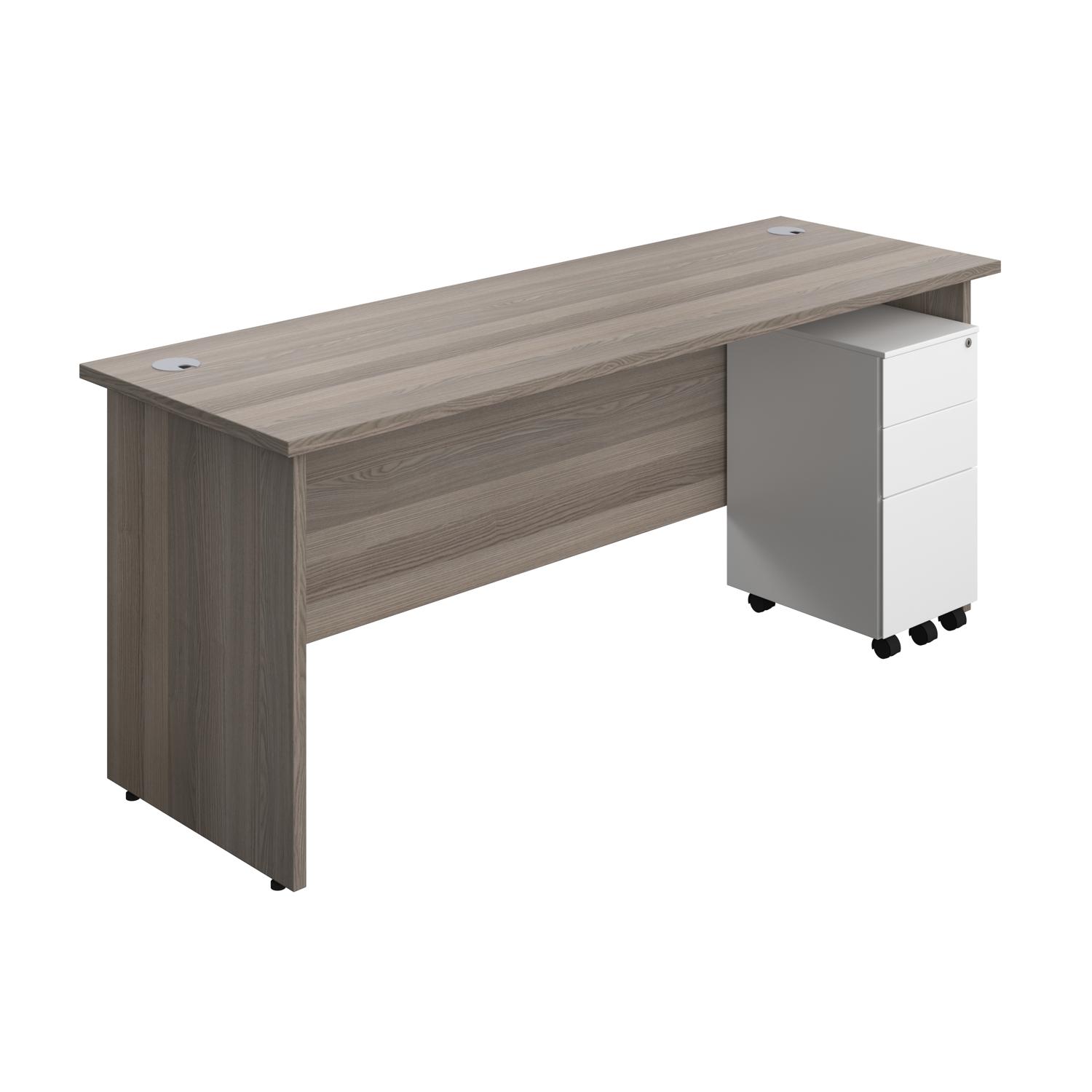 Panel Rectangular Desk + 3 Drawer Slimline Steel Pedestal Bundle  1800X600 Grey Oak/White