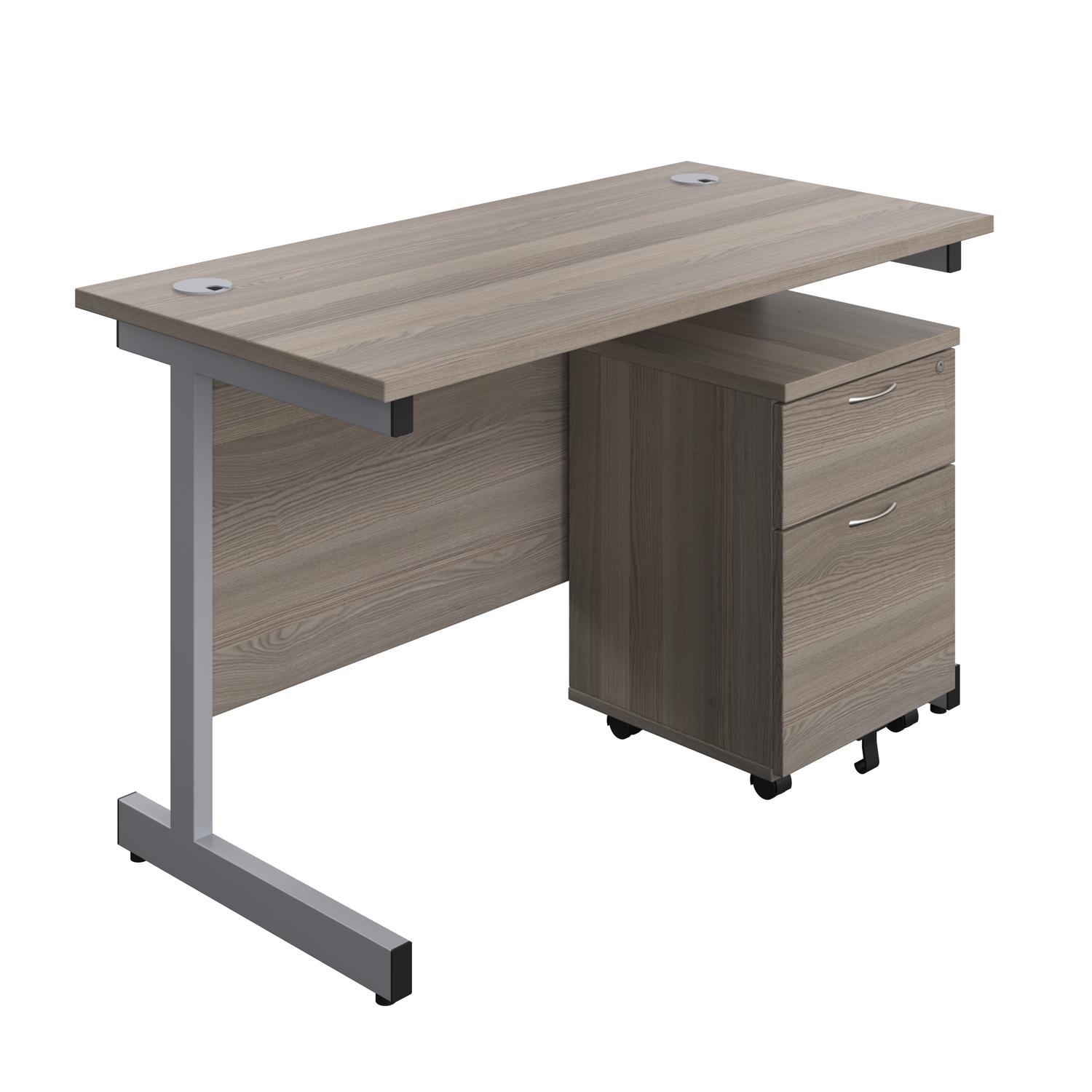Single Upright Rectangular Desk + Mobile 2 Drawer Pedestal  1200 X 600 Grey Oak/Silver