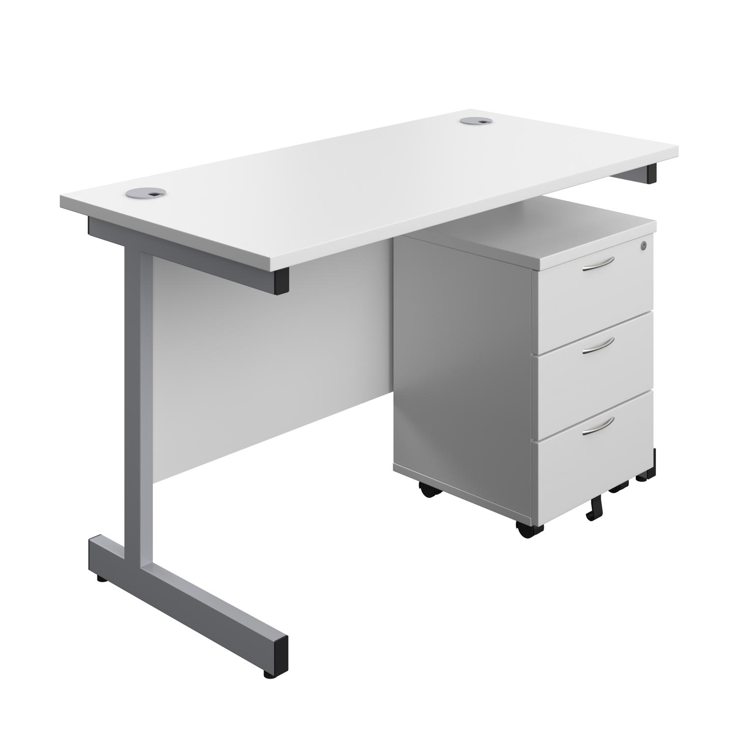 Single Upright Rectangular Desk + Mobile 3 Drawer Pedestal  1200 X 600 White/Silver