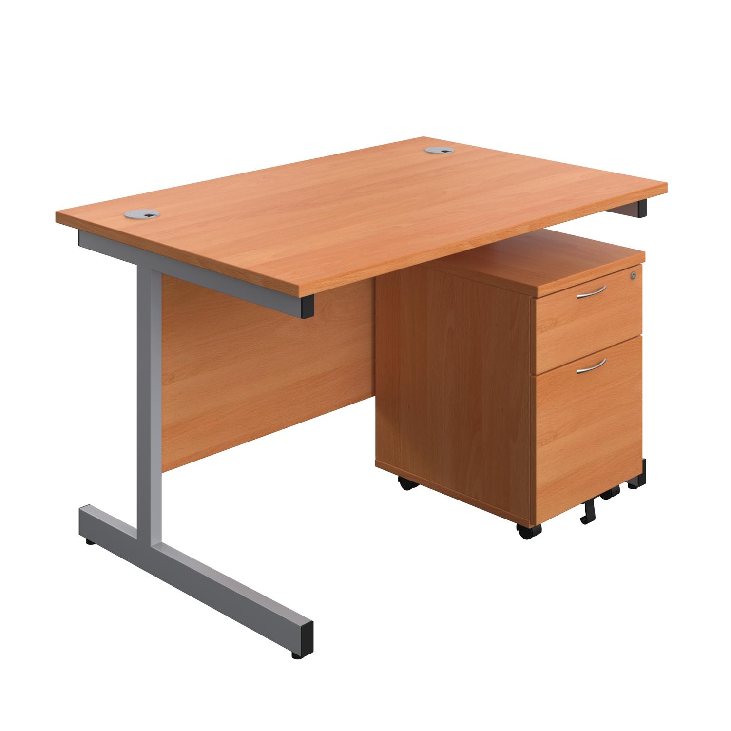 Single Upright Rectangular Desk + Mobile 2 Drawer Pedestal  1200 X 800 Beech/Silver