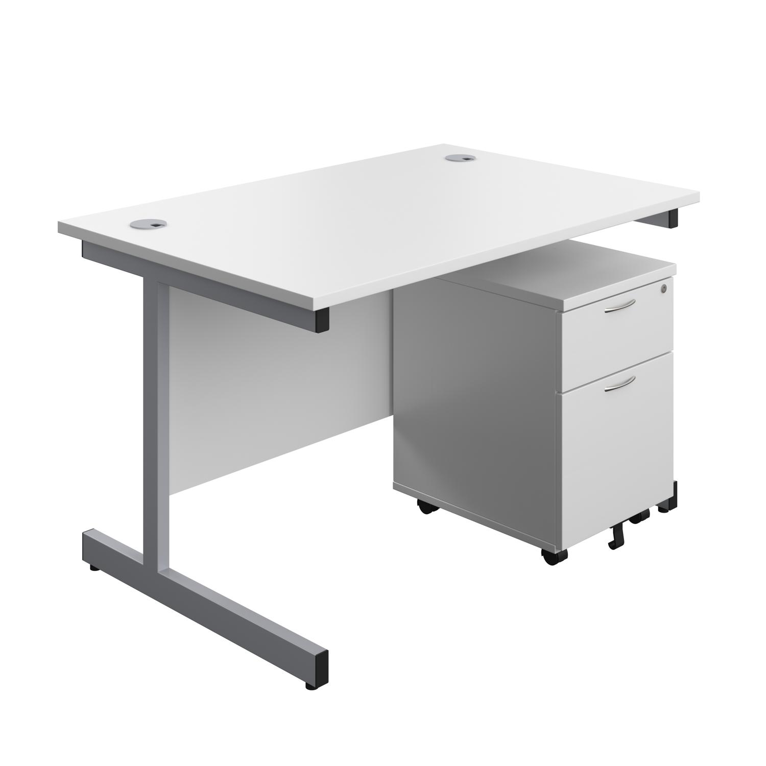 Single Upright Rectangular Desk + Mobile 2 Drawer Pedestal  1200 X 800 White/Silver