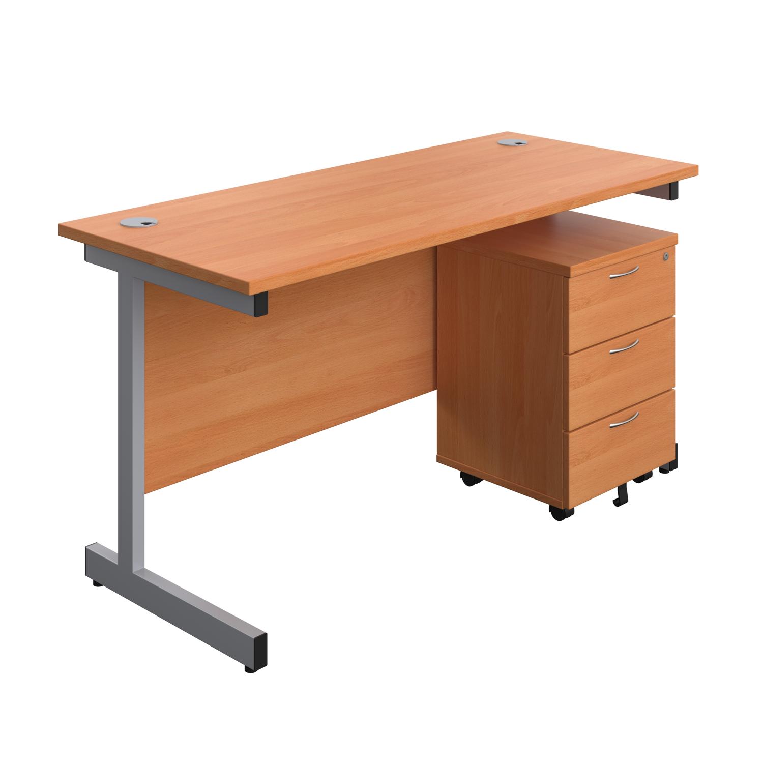 Single Upright Rectangular Desk + Mobile 3 Drawer Pedestal  1400 X 600 Beech/Silver