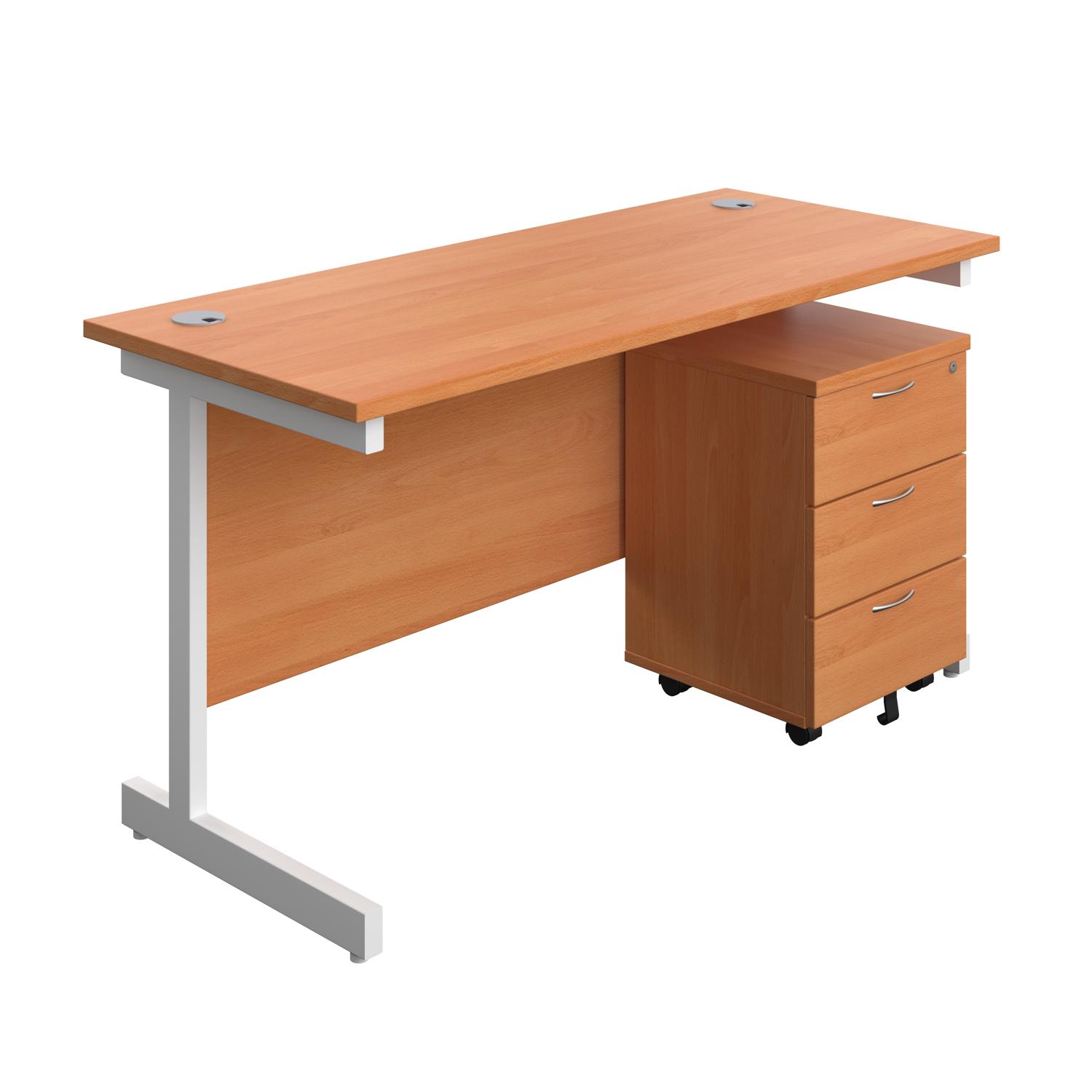 Single Upright Rectangular Desk + Mobile 3 Drawer Pedestal  1400 X 600 Beech/White