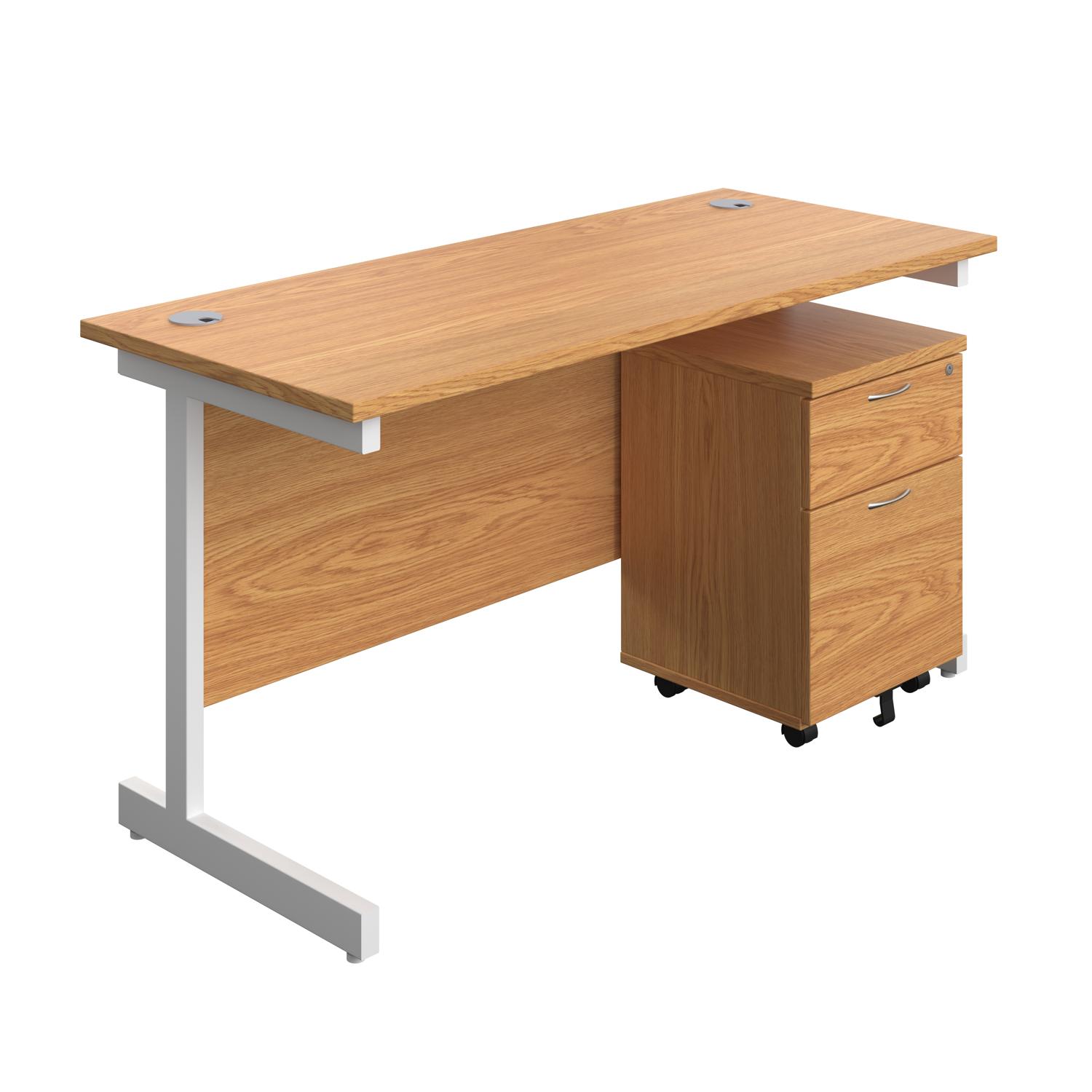 Single Upright Rectangular Desk + Mobile 2 Drawer Pedestal  1400 X 600 Nova Oak/White