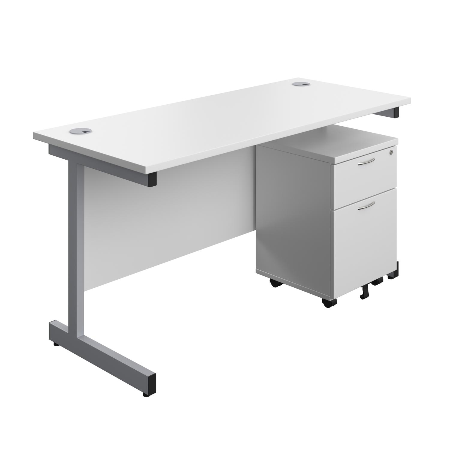 Single Upright Rectangular Desk + Mobile 2 Drawer Pedestal  1400 X 600 White/Silver