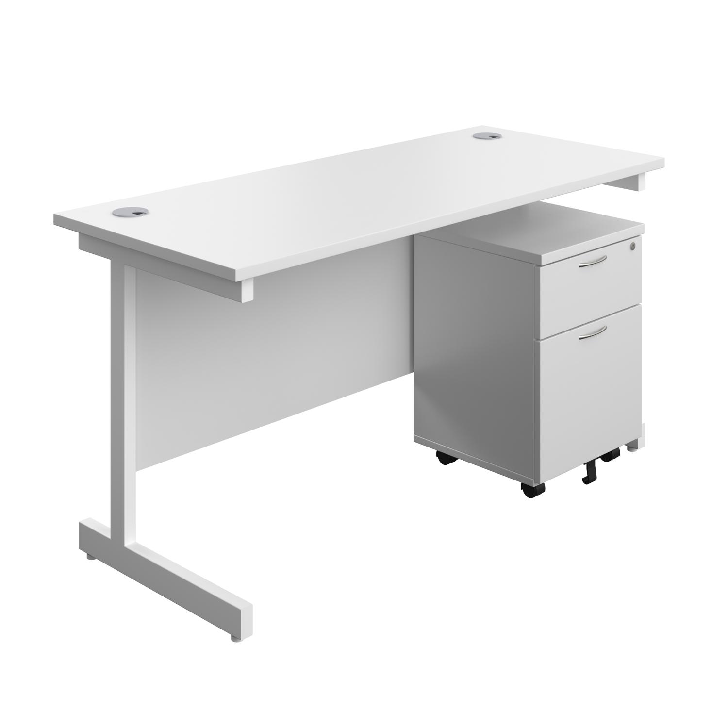 Single Upright Rectangular Desk + Mobile 2 Drawer Pedestal  1400 X 600 White/White