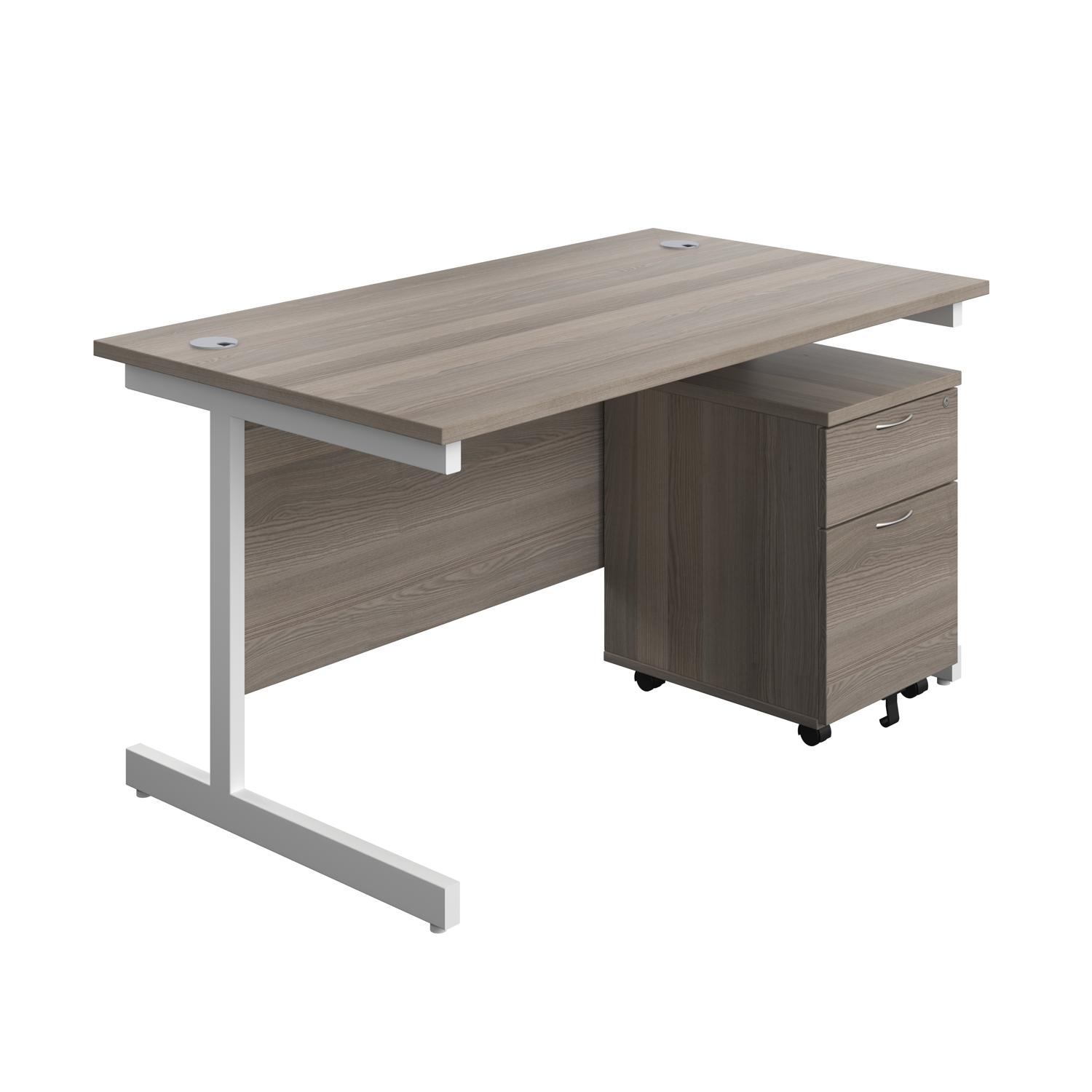 Single Upright Rectangular Desk + Mobile 2 Drawer Pedestal  1400 X 800 Grey Oak/White