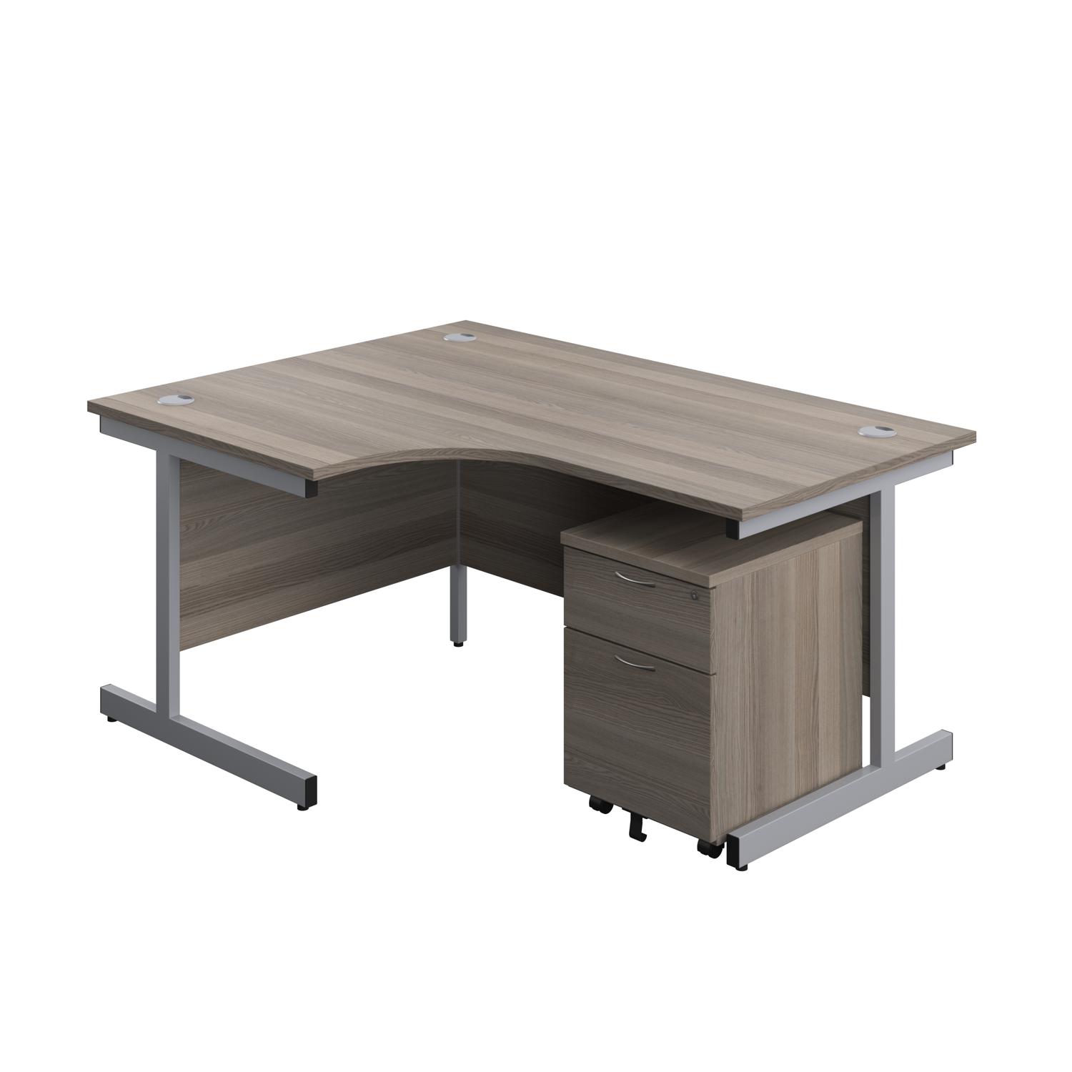 Single Upright Left Hand Radial Desk + Mobile 2 Drawer Pedestal  1600 X 1200 Grey Oak/Silver