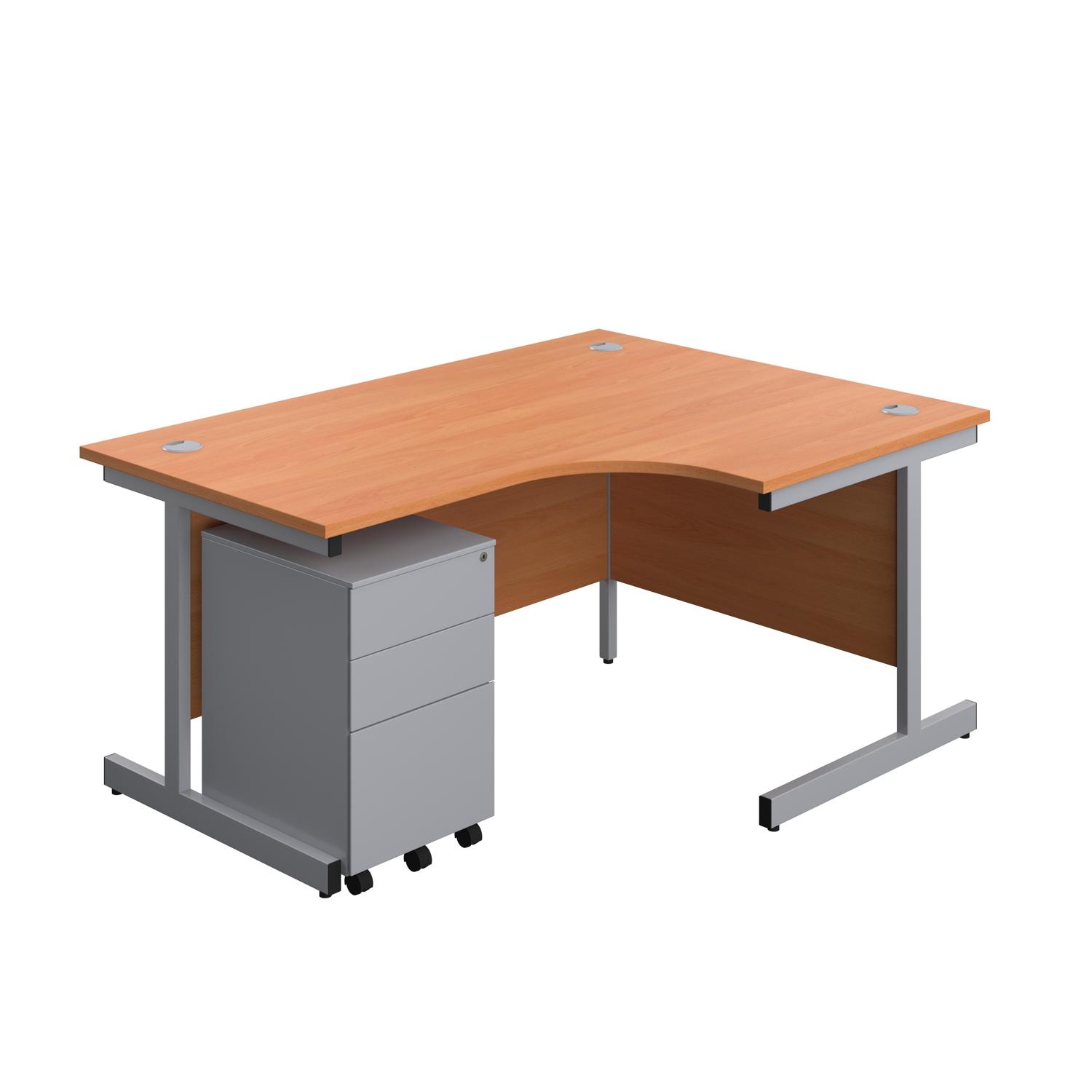 Single Upright Right Hand Radial Desk + Under Desk Steel Pedestal 3 Drawers  1600 X 1200 Beech/Silver