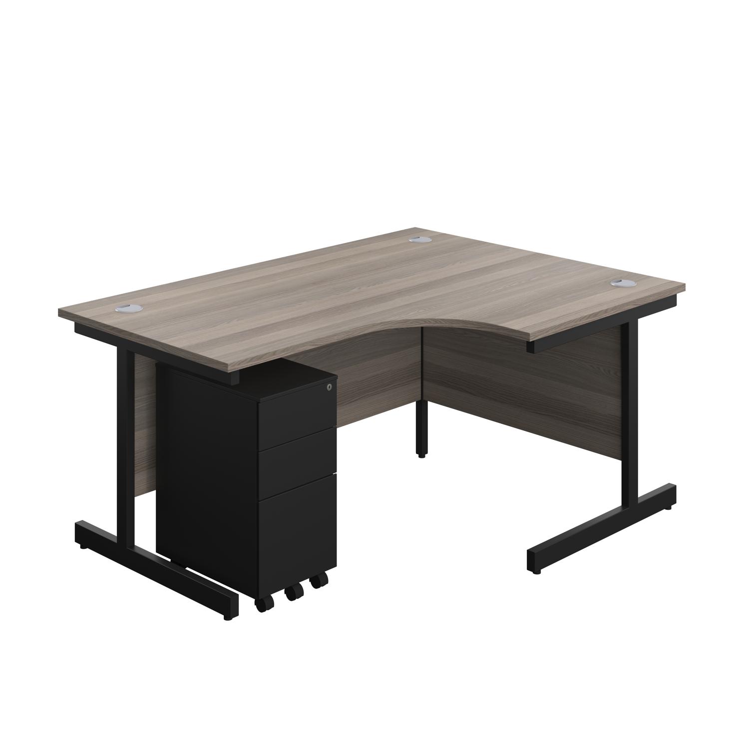 Single Upright Right Hand Radial Desk + Slimline Steel Pedestal 3 Drawers  1600 X 1200 Grey Oak/Black