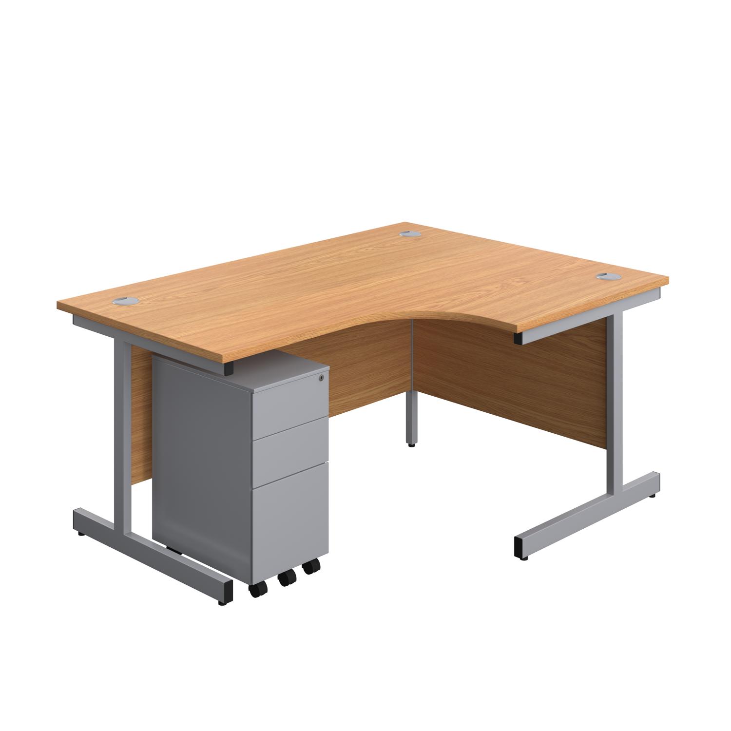 Single Upright Right Hand Radial Desk + Slimline Steel Pedestal 3 Drawers  1600 X 1200 Nova Oak/Silver