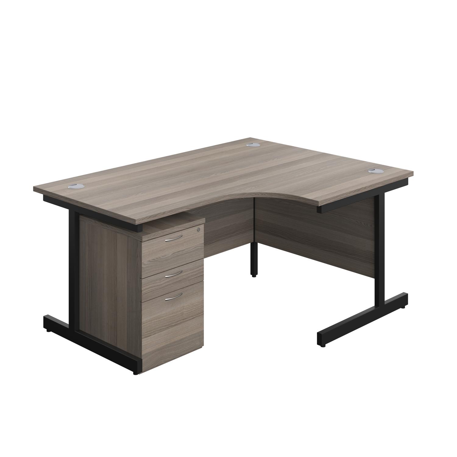 Single Upright Right Hand Radial Desk + High Mobile Pedestal 3 Drawer  1600 X 1200 Grey Oak/Black