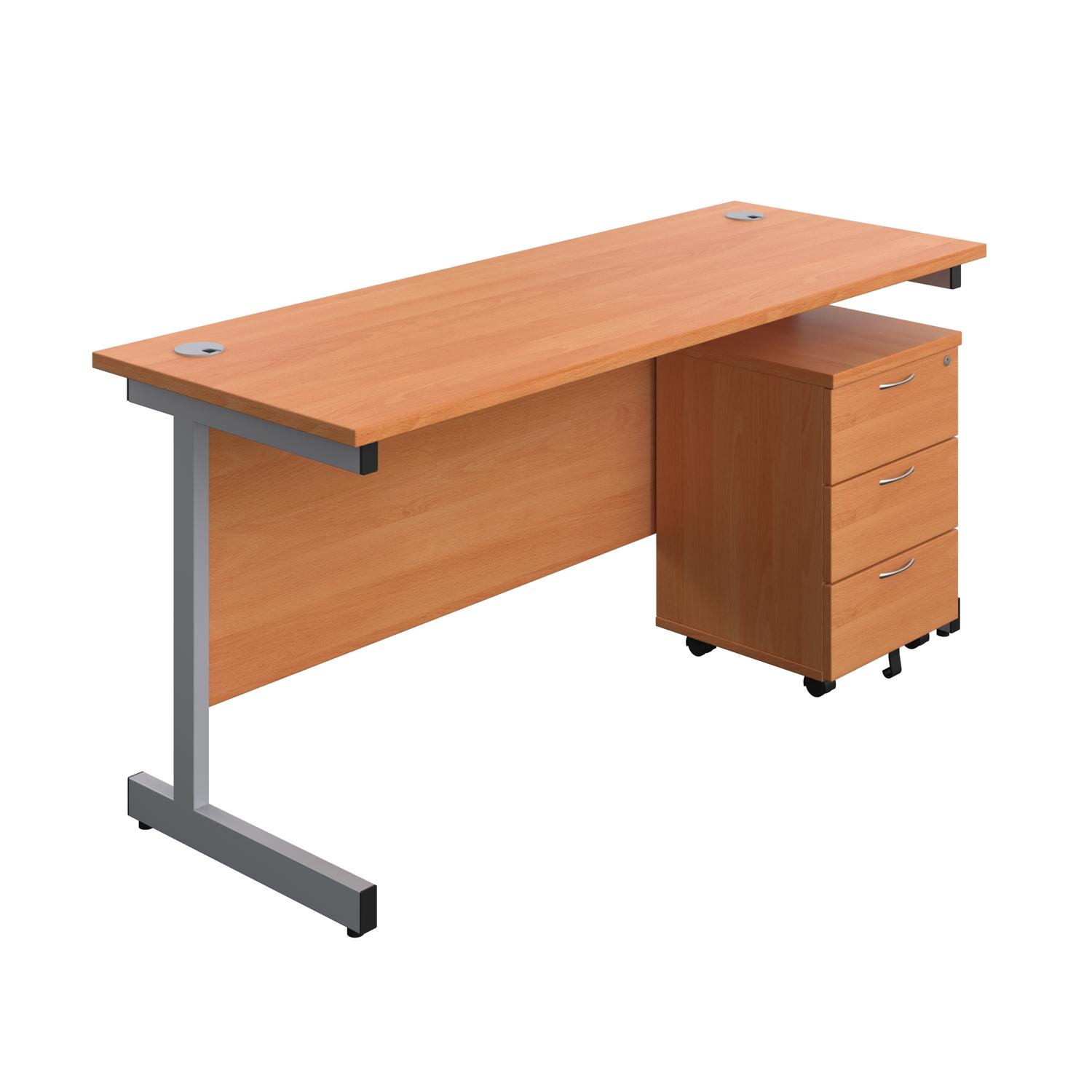 Single Upright Rectangular Desk + Mobile 3 Drawer Pedestal  1600 X 600 Beech/Silver