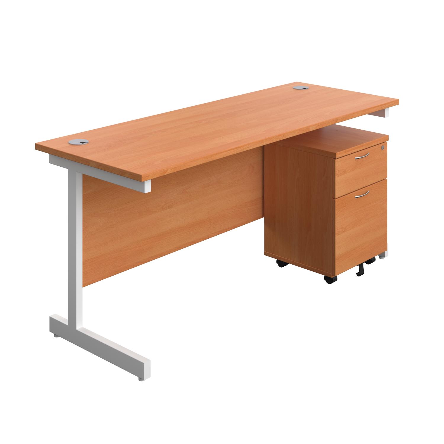 Single Upright Rectangular Desk + Mobile 2 Drawer Pedestal  1600 X 600 Beech/White