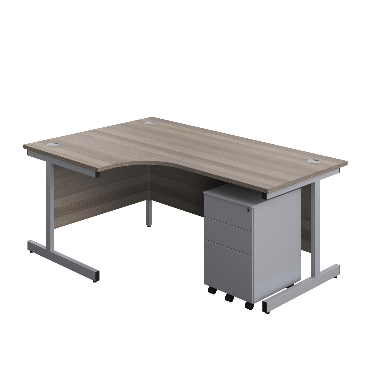 Single Upright Left Hand Radial Desk + Under Desk Steel Pedestal 3 Drawers  1800 X 1200 Grey Oak/Silver