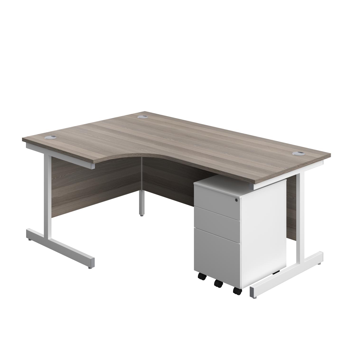 Single Upright Left Hand Radial Desk + Under Desk Steel Pedestal 3 Drawers  1800 X 1200 Grey Oak/White