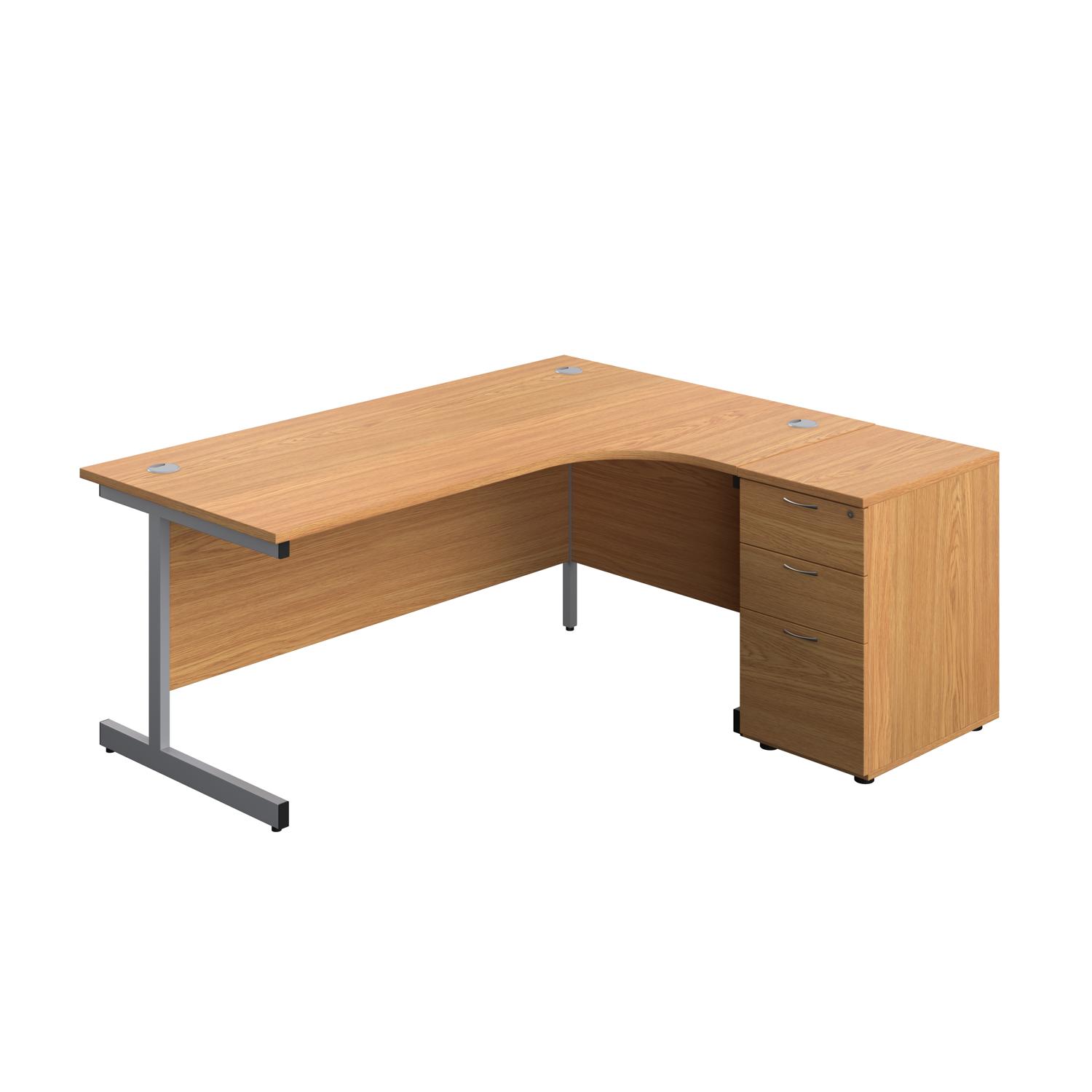 Single Upright Right Hand Radial Desk + Desk High 3 Drawer Pedestal  1800 X 1200 600mm Deep Pedestal Nova Oak/Silver