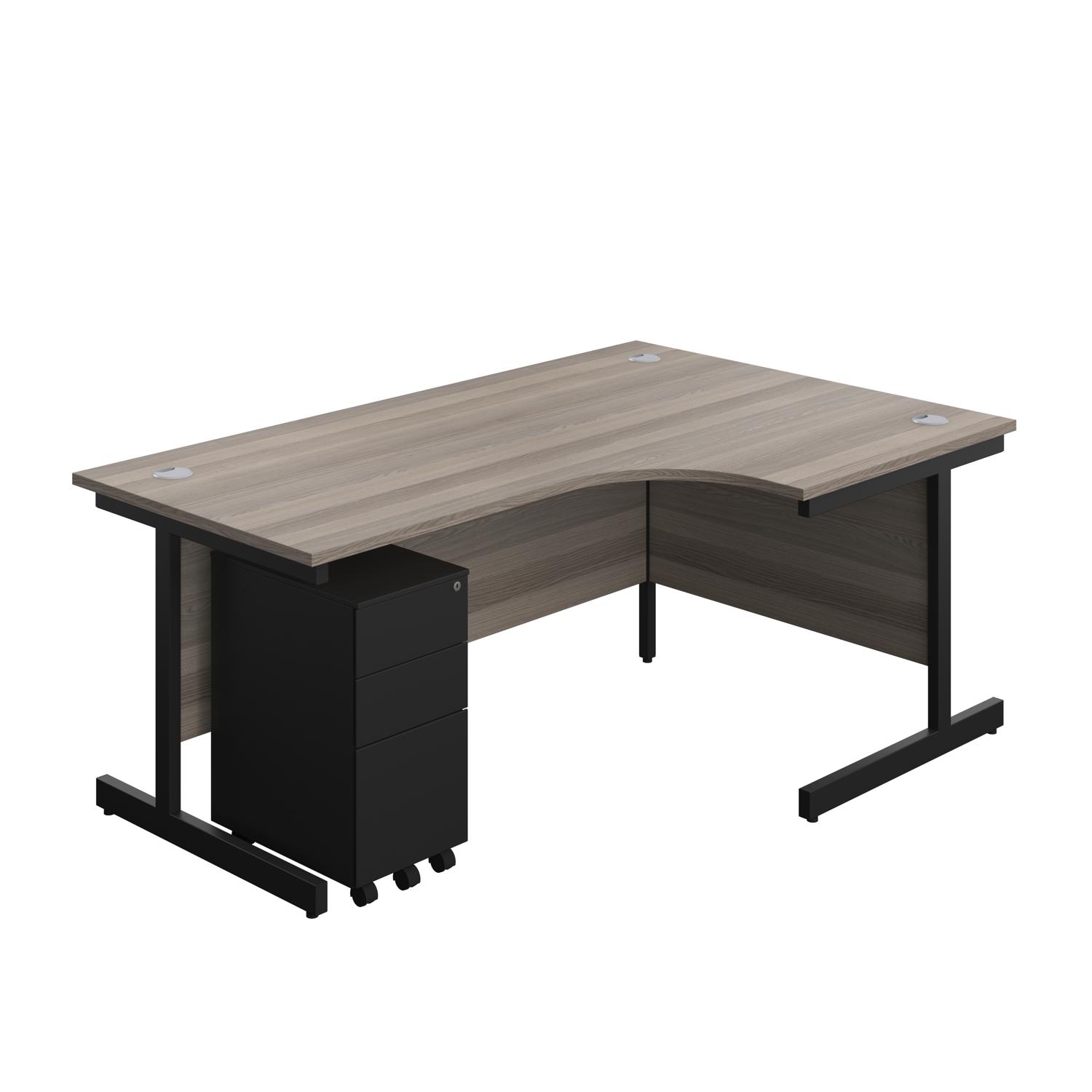 Single Upright Right Hand Radial Desk + Slimline Steel Pedestal 3 Drawers  1800 X 1200 Grey Oak/Black