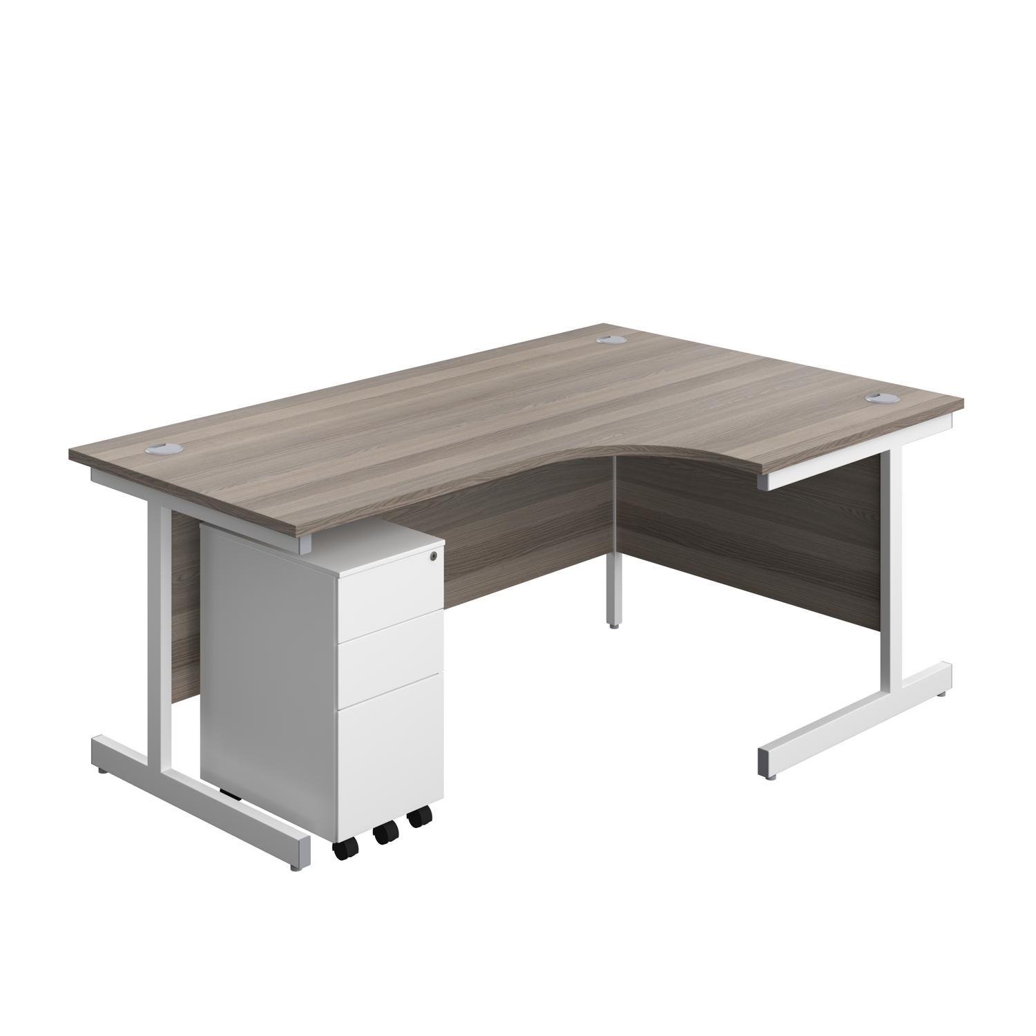 Single Upright Right Hand Radial Desk + Slimline Steel Pedestal 3 Drawers  1800 X 1200 Grey Oak/White