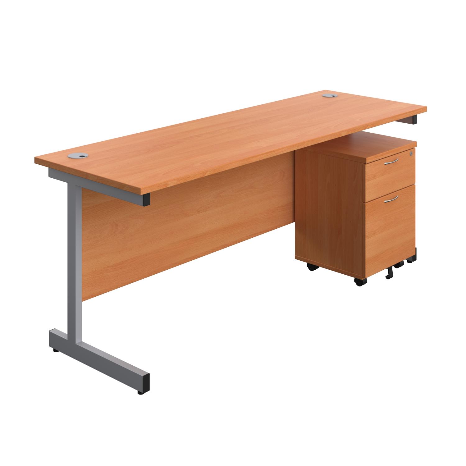 Single Upright Rectangular Desk + Mobile 2 Drawer Pedestal  1800 X 600 Beech/Silver