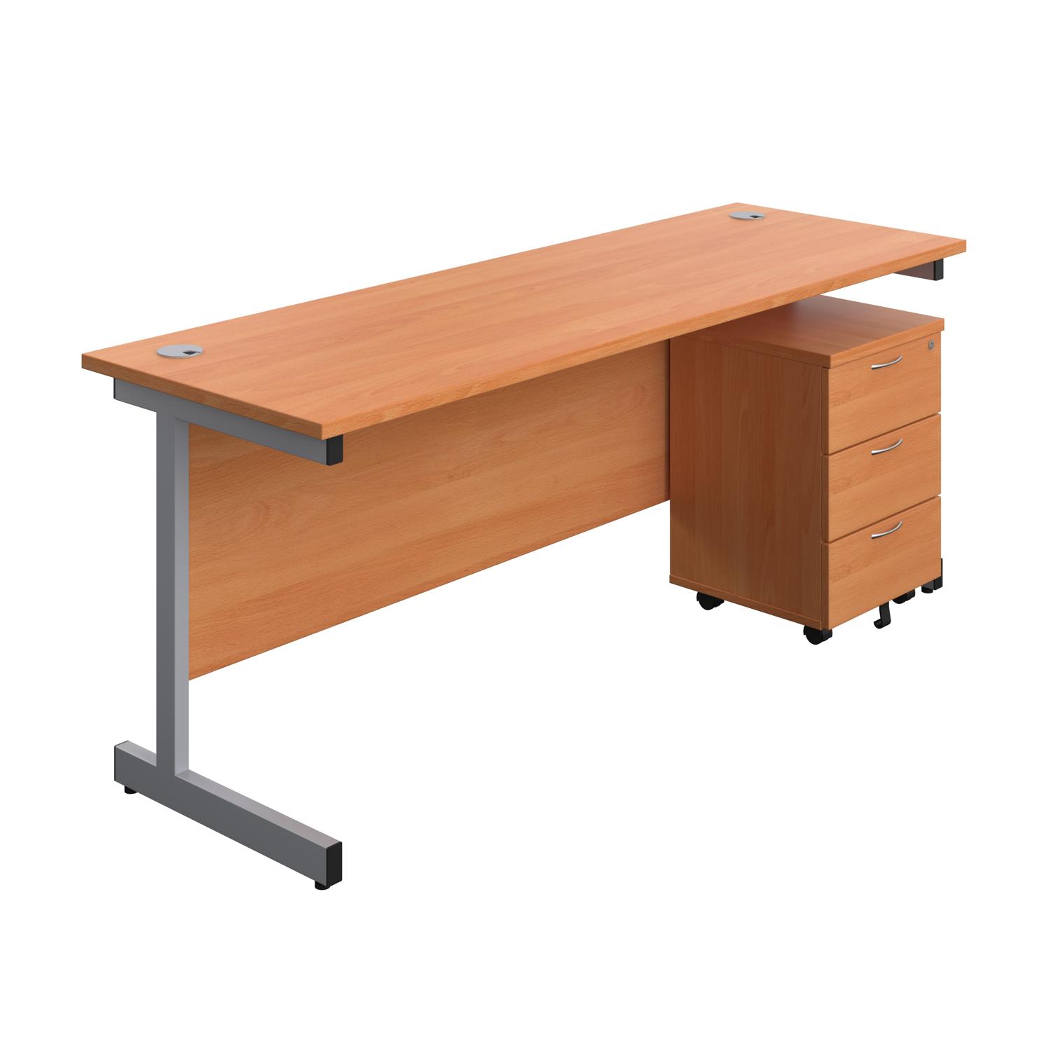 Single Upright Rectangular Desk + Mobile 3 Drawer Pedestal  1800 X 600 Beech/Silver