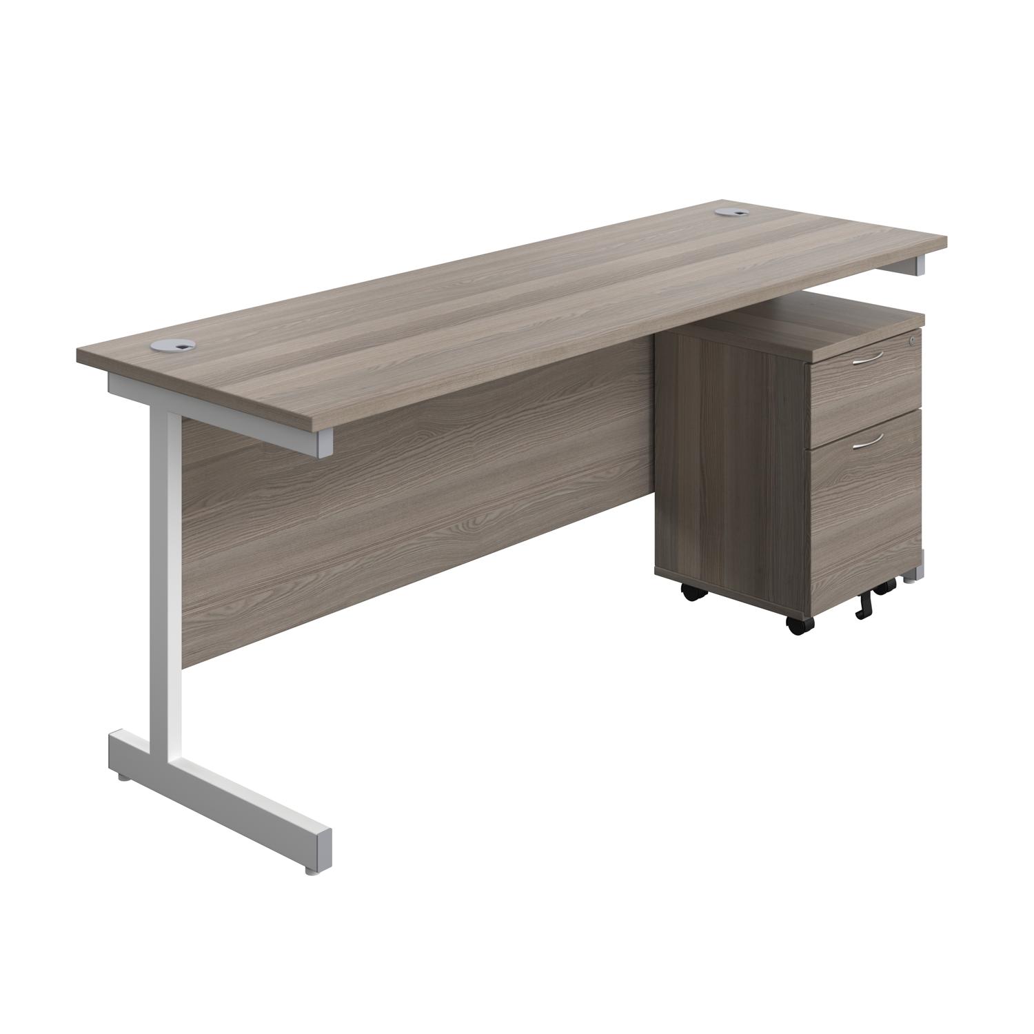 Single Upright Rectangular Desk + Mobile 2 Drawer Pedestal  1800 X 600 Grey Oak/White