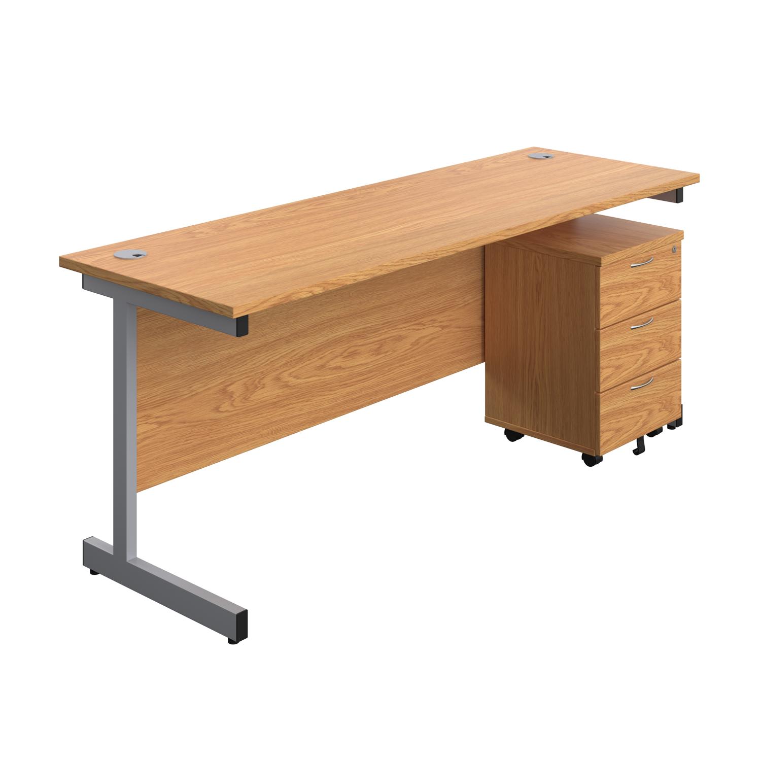 Single Upright Rectangular Desk + Mobile 3 Drawer Pedestal  1800 X 600 Nova Oak/Silver