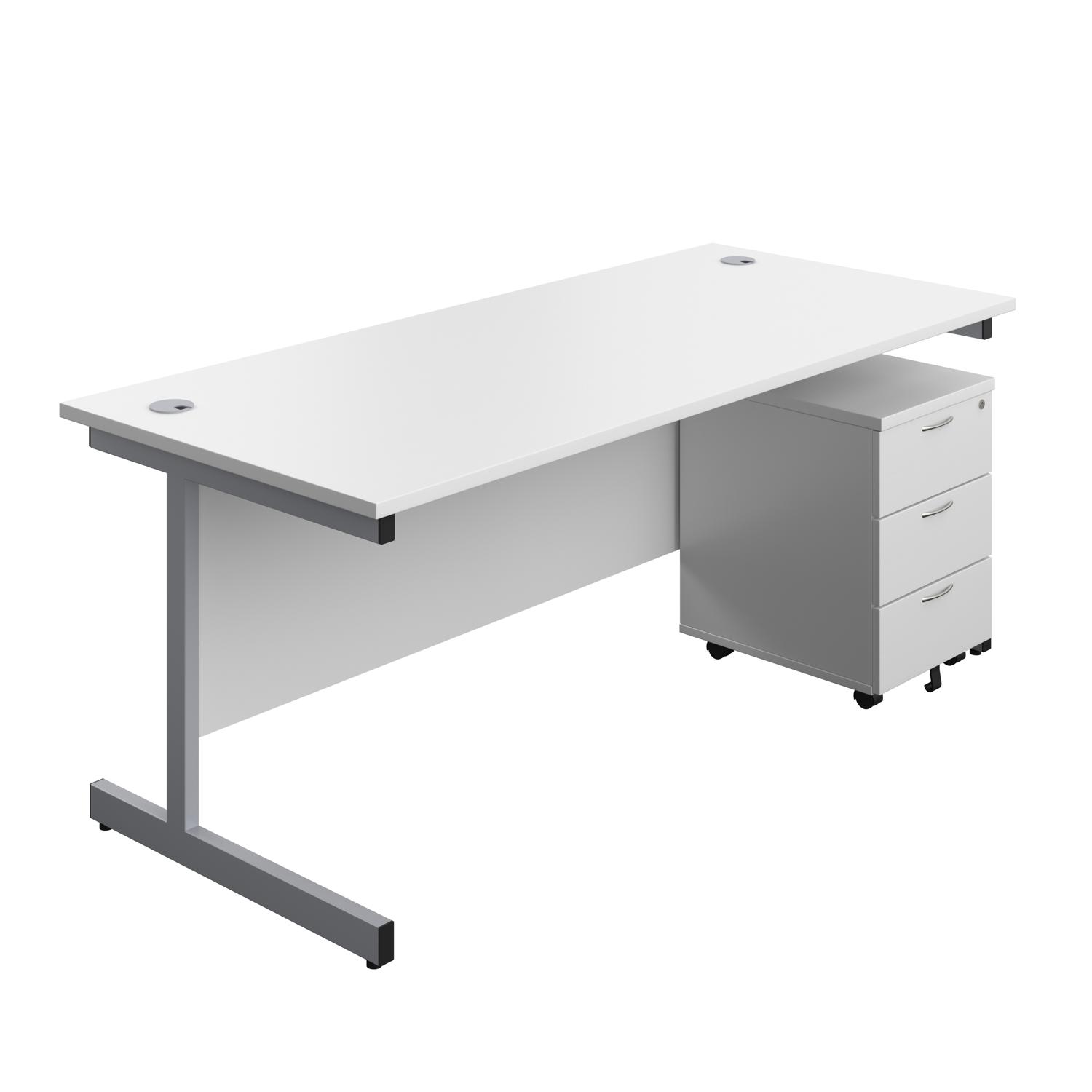 Single Upright Rectangular Desk + Mobile 3 Drawer Pedestal  1800 X 800 White/Silver