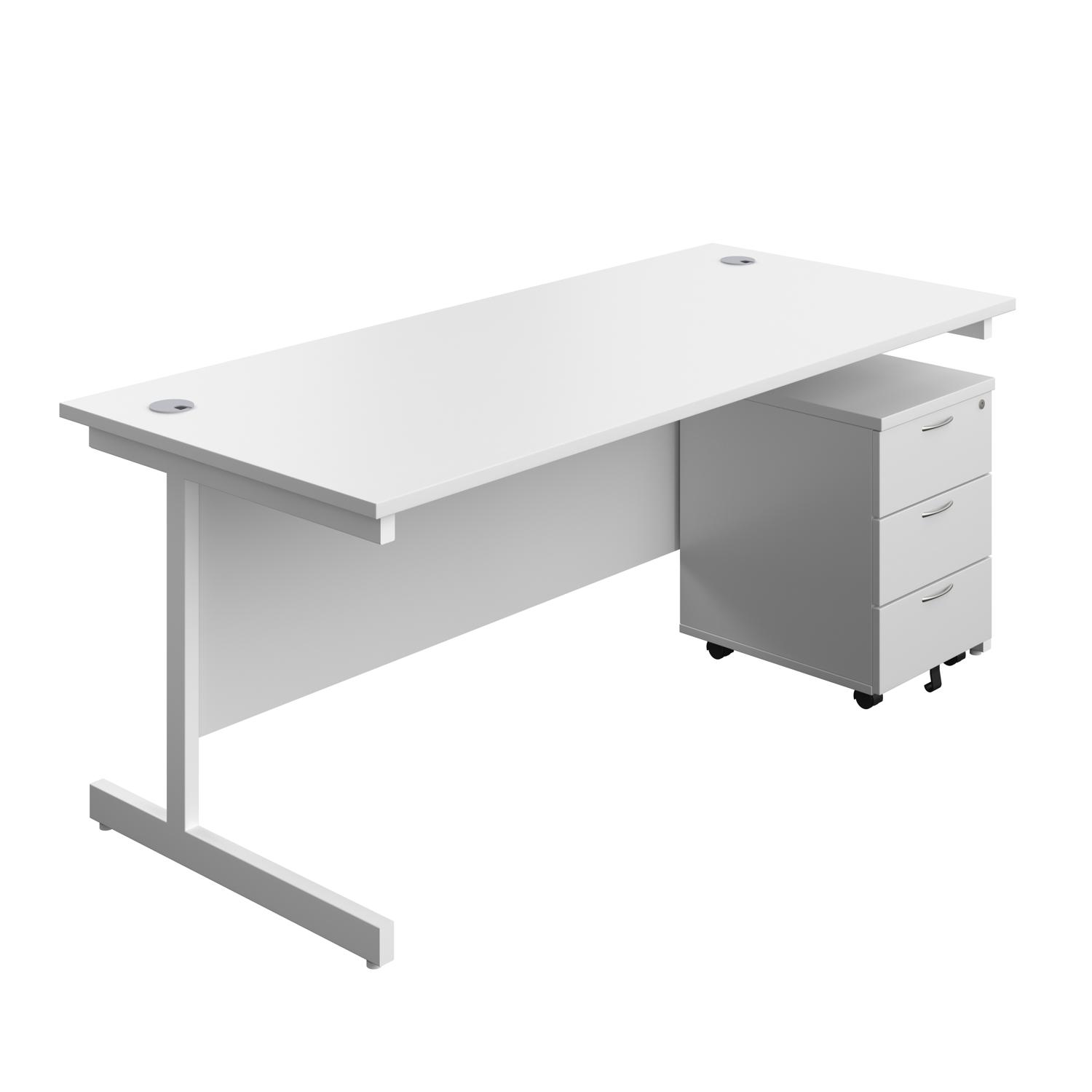 Single Upright Rectangular Desk + Mobile 3 Drawer Pedestal  1800 X 800 White/White