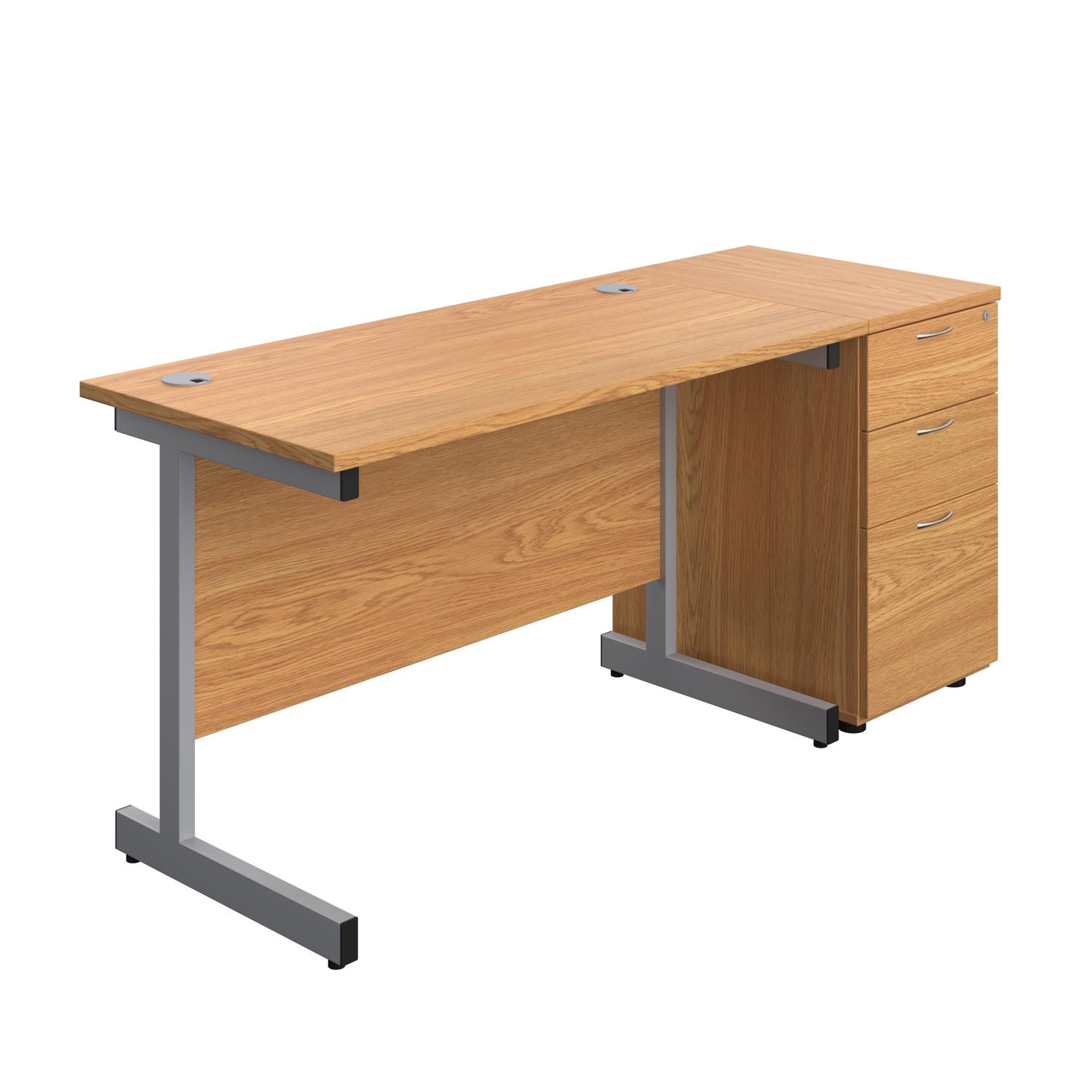 Single Upright Rectangular Desk + Desk High 3 Drawer Pedestal  1200 X 600 Nova Oak/Silver