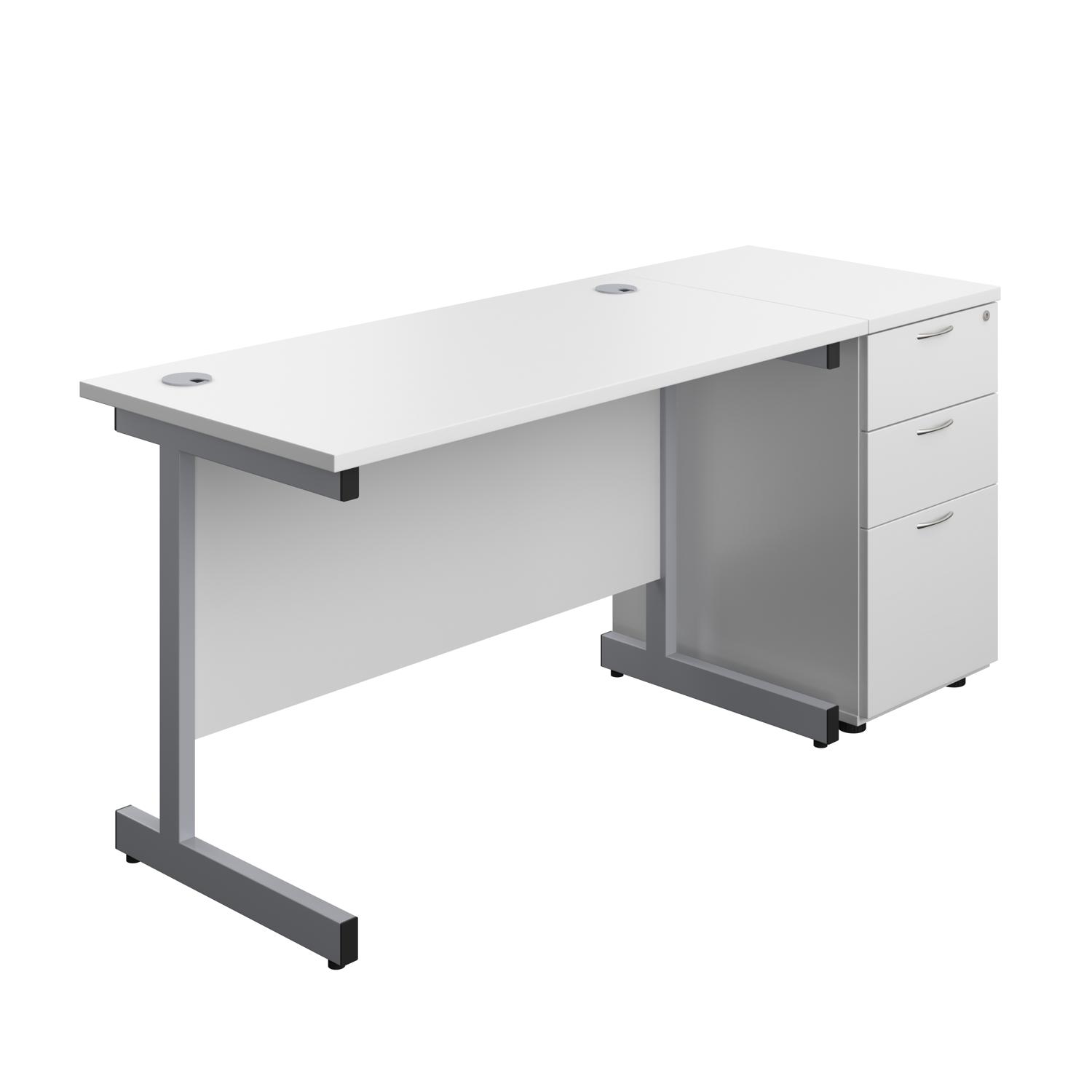 Single Upright Rectangular Desk + Desk High 3 Drawer Pedestal  1200 X 600 White/Silver