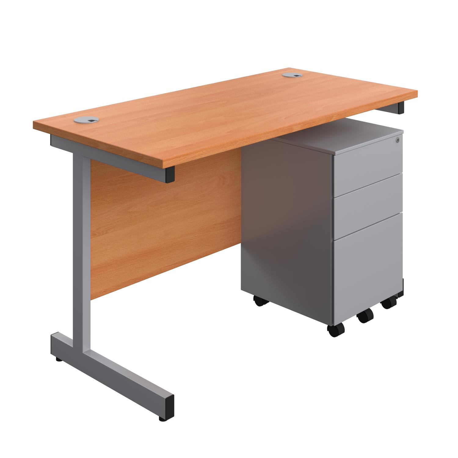 Single Upright Rectangular Desk + Under Desk Steel Pedestal 3 Drawers  1200 X 600 Beech/Silver