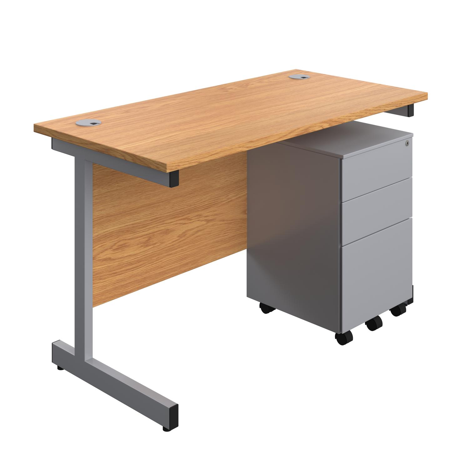 Single Upright Rectangular Desk + Under Desk Steel Pedestal 3 Drawers  1200 X 600 Nova Oak/Silver