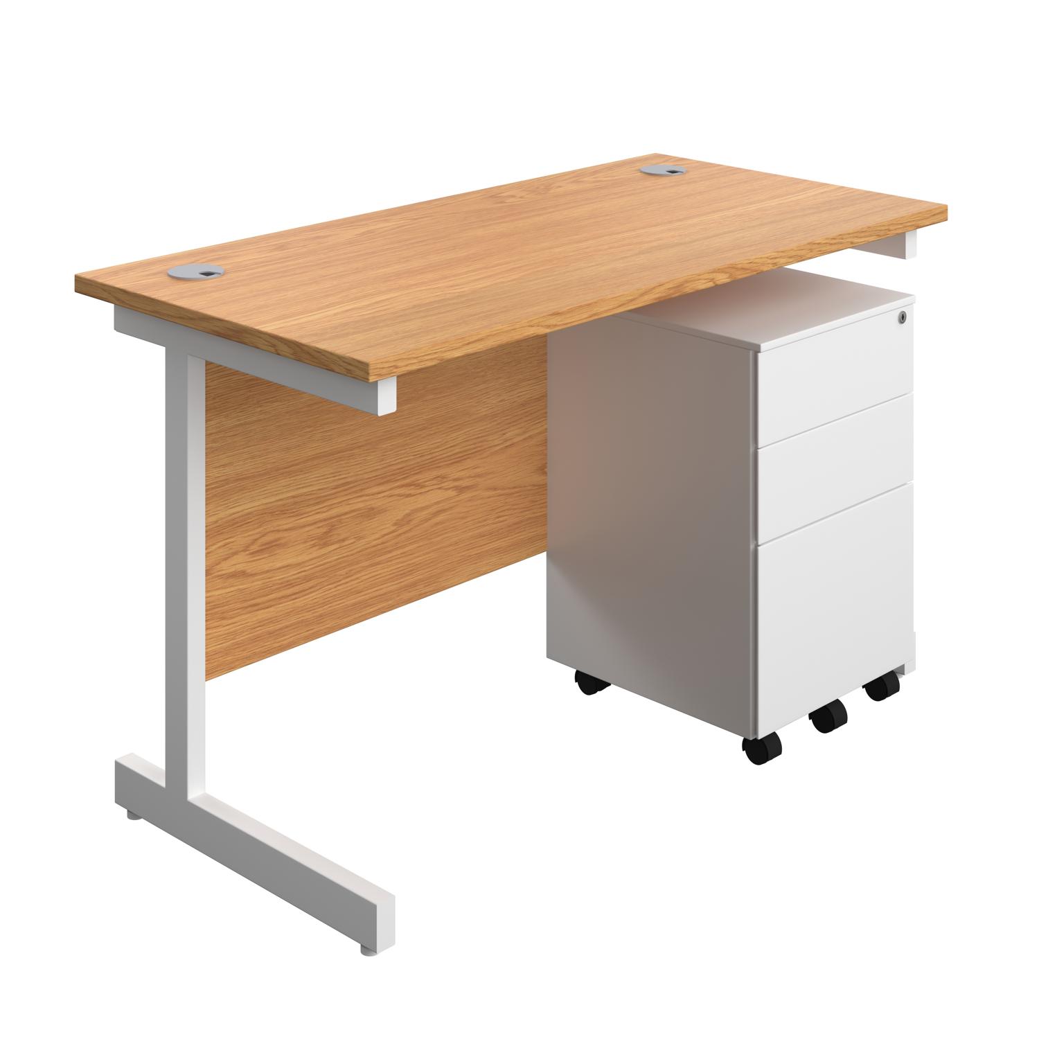 Single Upright Rectangular Desk + Under Desk Steel Pedestal 3 Drawers  1200 X 600 Nova Oak/White