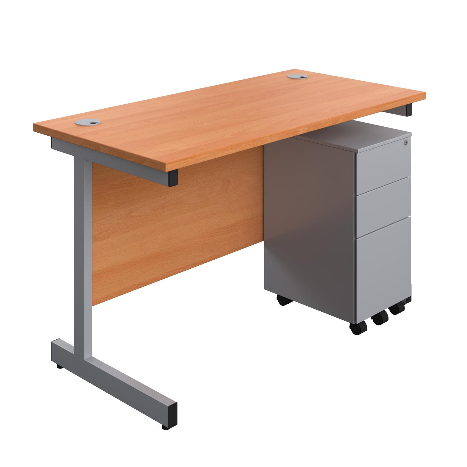 Single Upright Rectangular Desk + Slimline Steel Pedestal 3 Drawers  1200 X 600 Beech/Silver