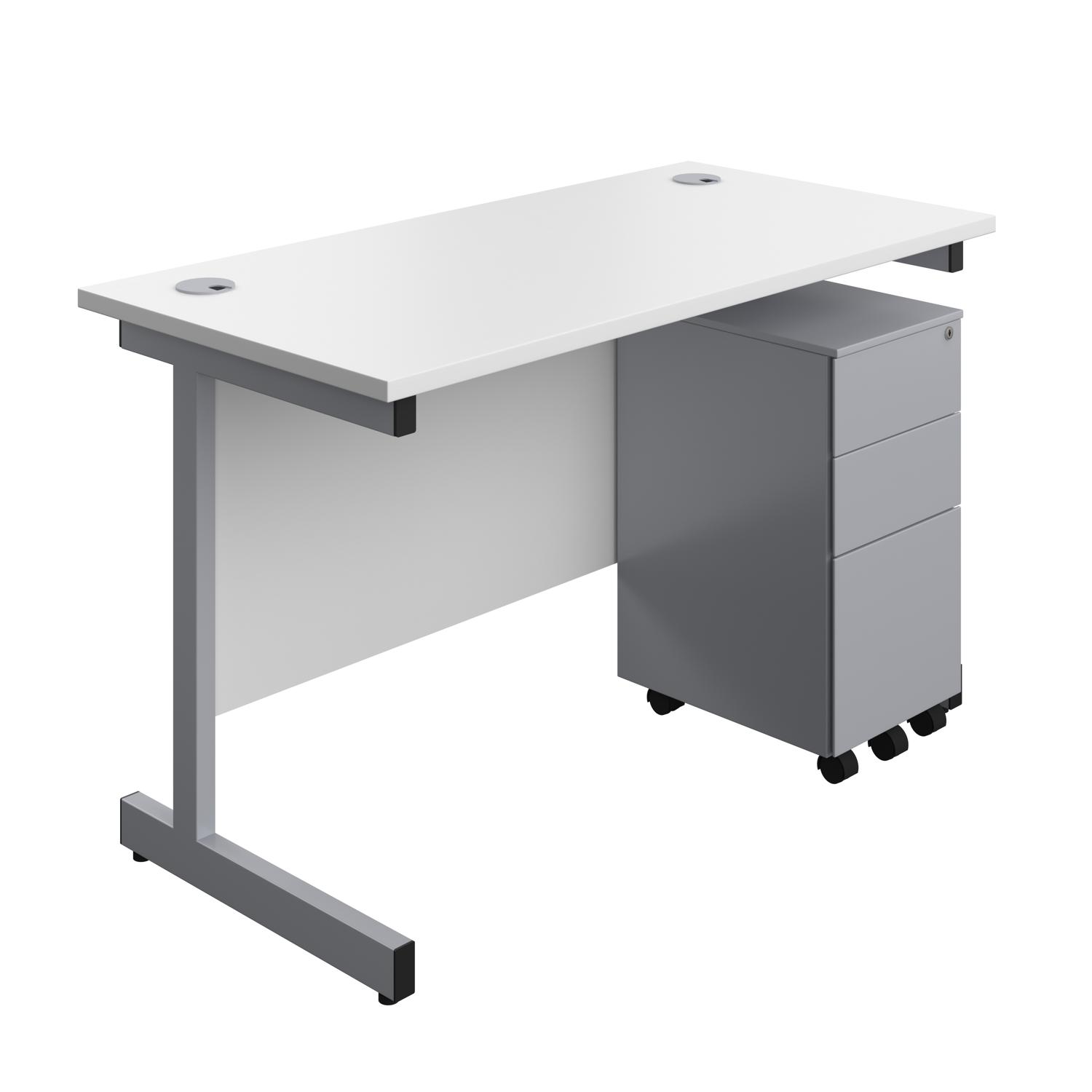Single Upright Rectangular Desk + Slimline Steel Pedestal 3 Drawers  1200 X 600 White/Silver