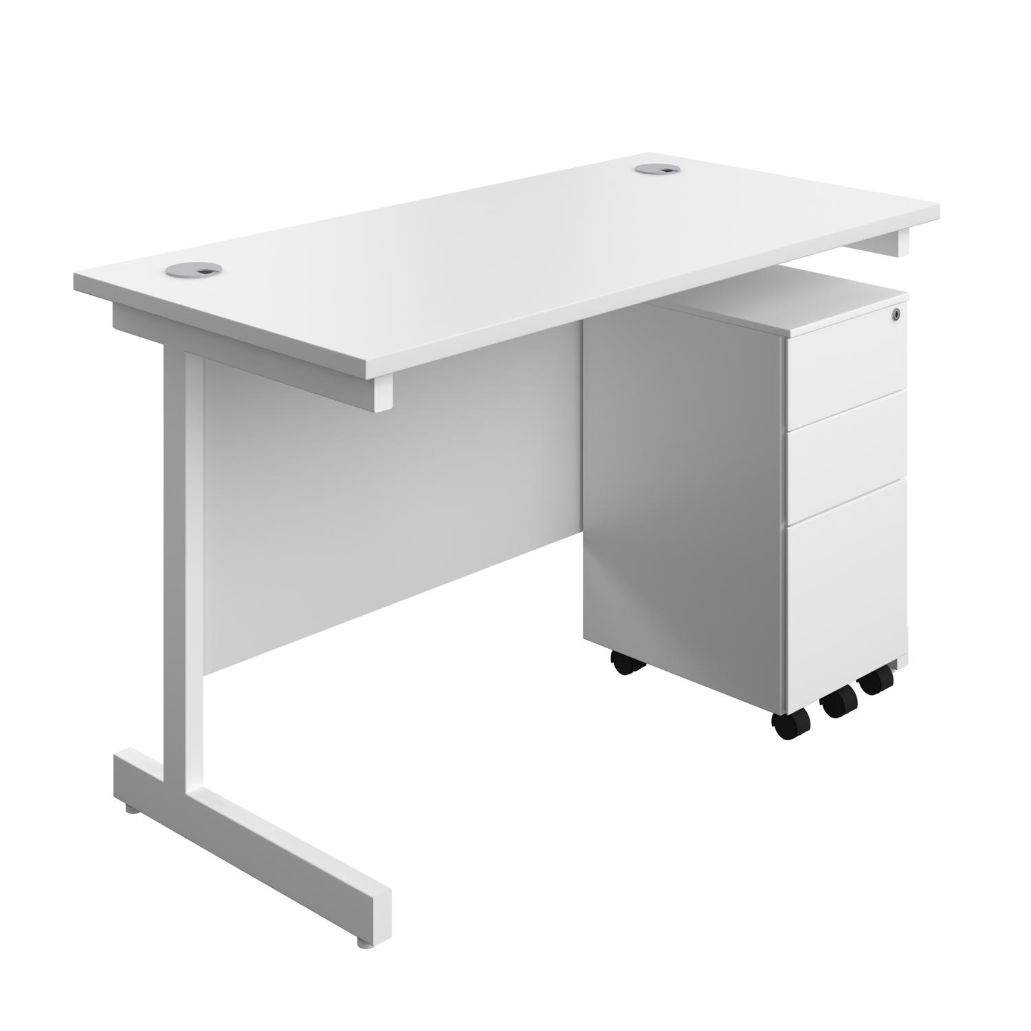 Single Upright Rectangular Desk + Slimline Steel Pedestal 3 Drawers  1200 X 600 White/White