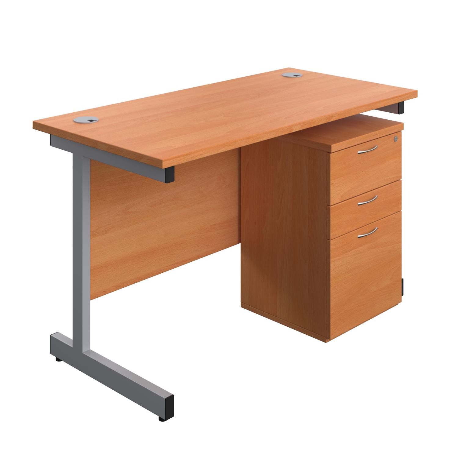 Single Upright Rectangular Desk + High Mobile Pedestal 3 Drawer  1200 X 600 Beech/Silver
