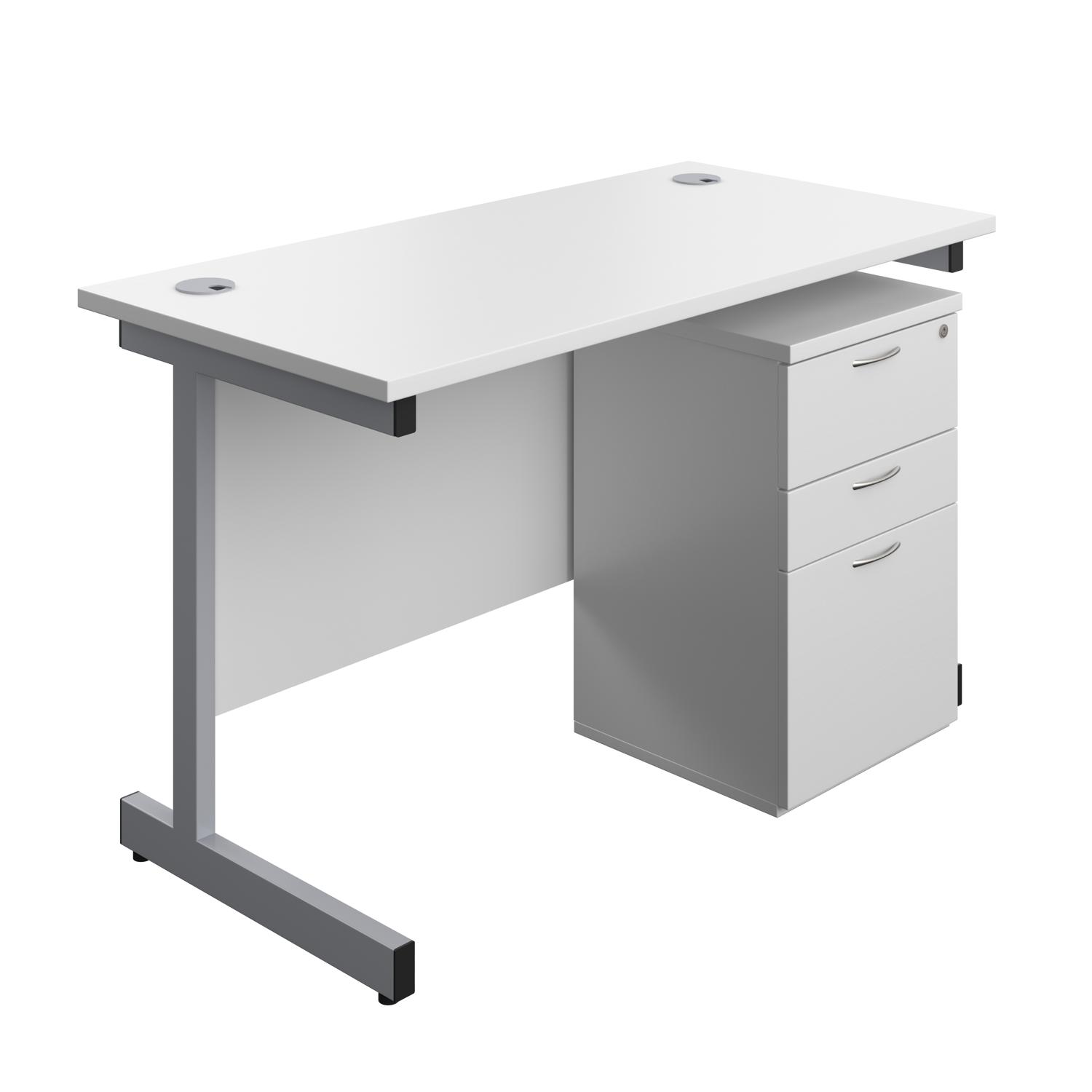 Single Upright Rectangular Desk + High Mobile Pedestal 3 Drawer  1200 X 600 White/Silver