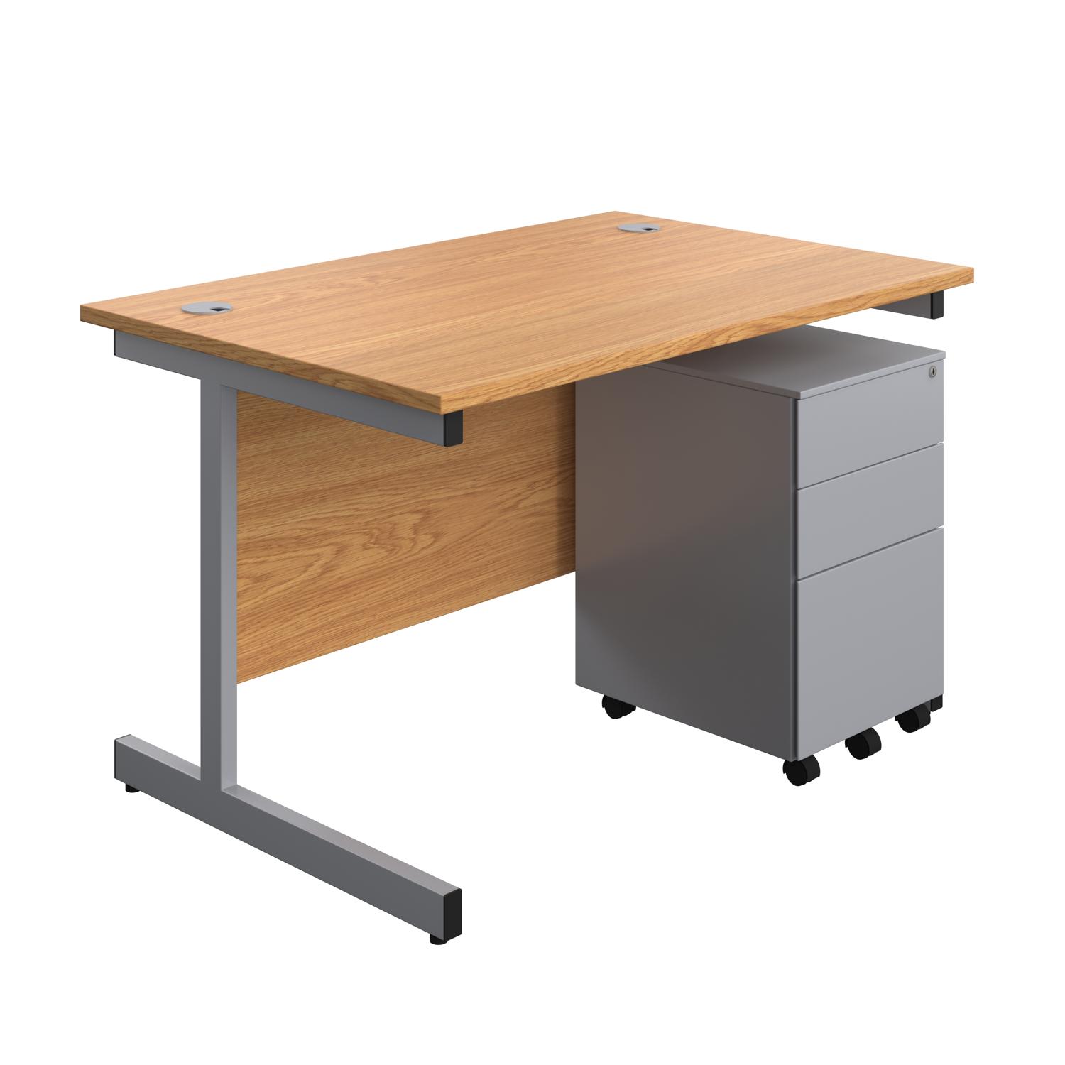 Single Upright Rectangular Desk + Under Desk Steel Pedestal 3 Drawers  1200 X 800 Nova Oak/Silver