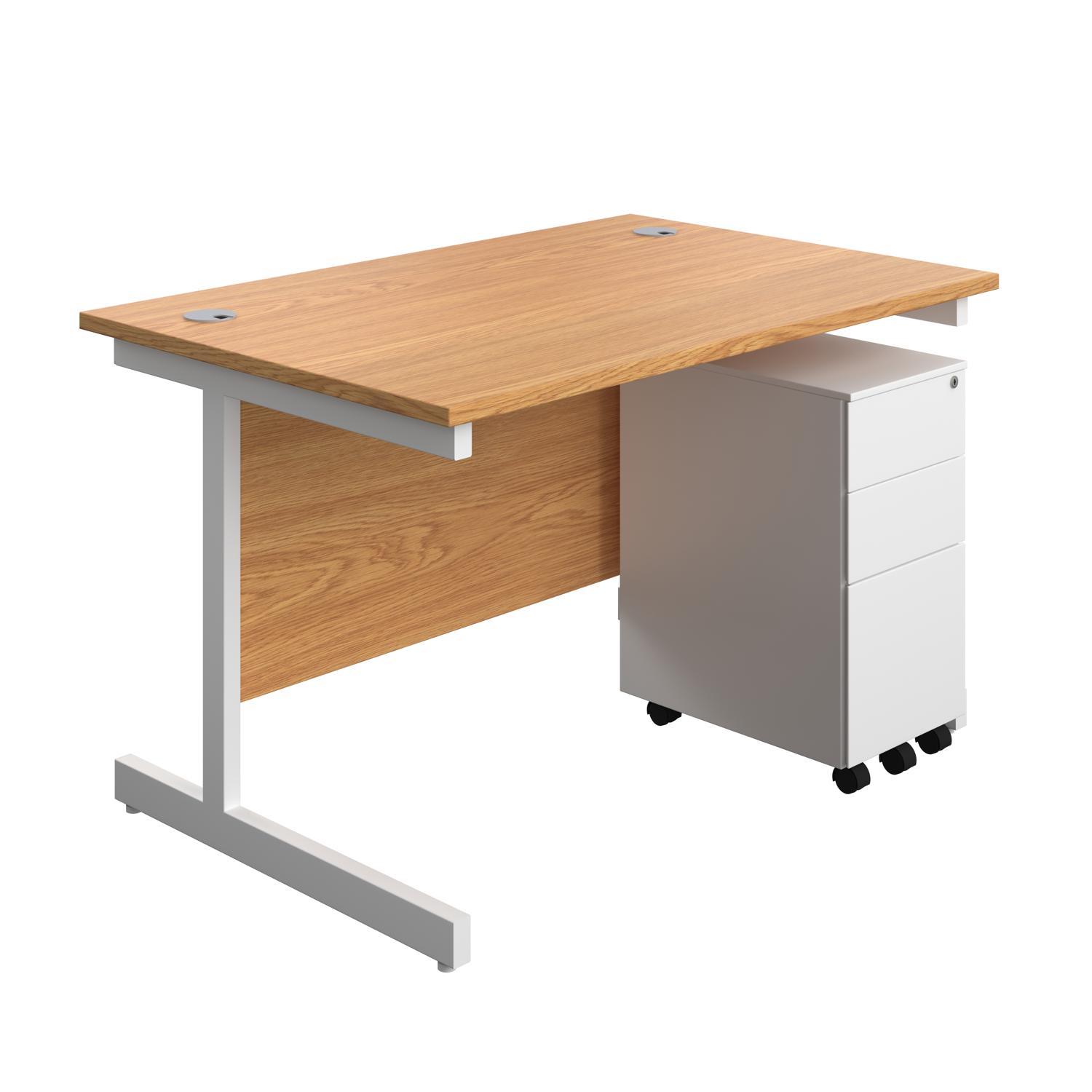 Single Upright Rectangular Desk + Slimline Steel Pedestal 3 Drawers  1200 X 800 Nova Oak/White
