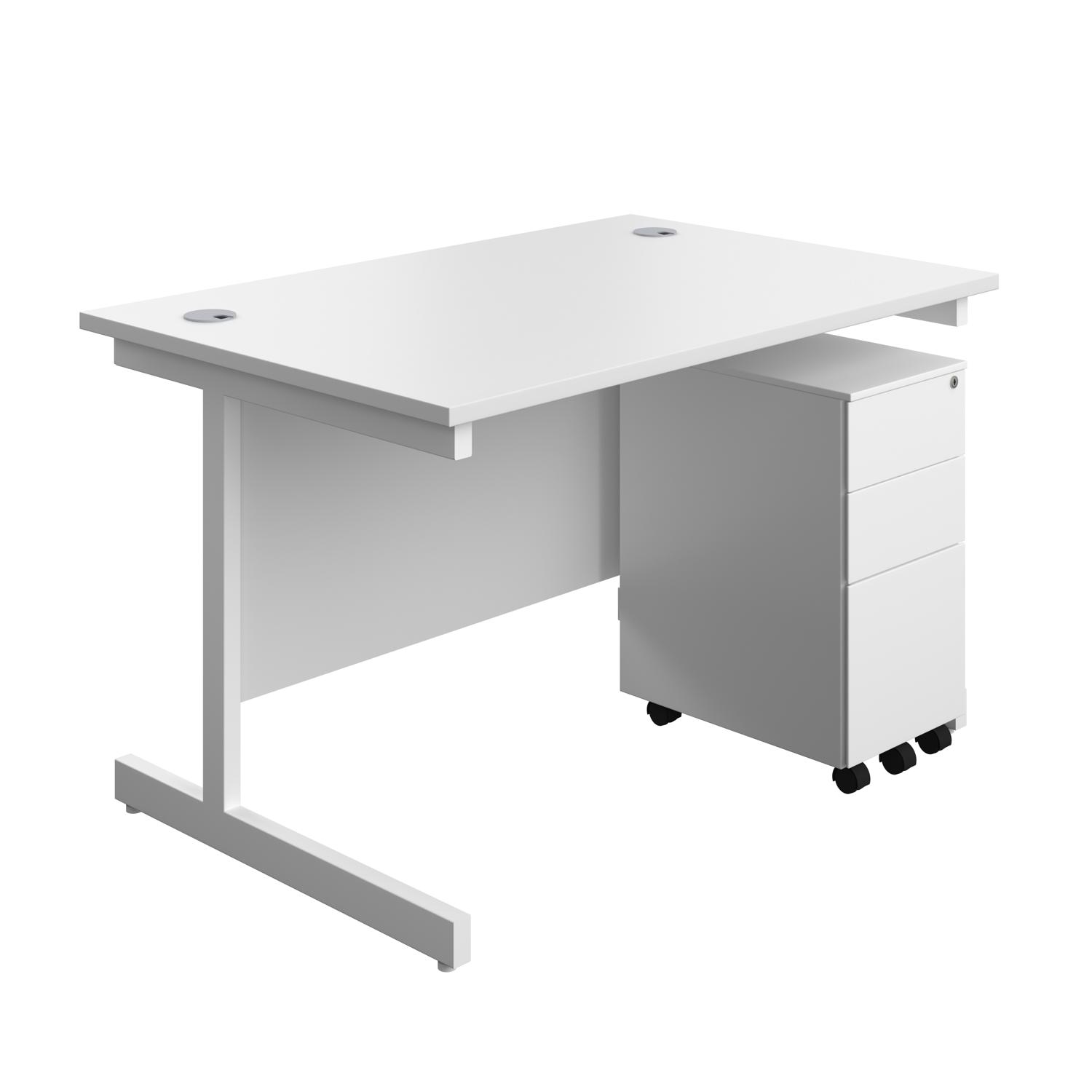 Single Upright Rectangular Desk + Slimline Steel Pedestal 3 Drawers  1200 X 800 White/White