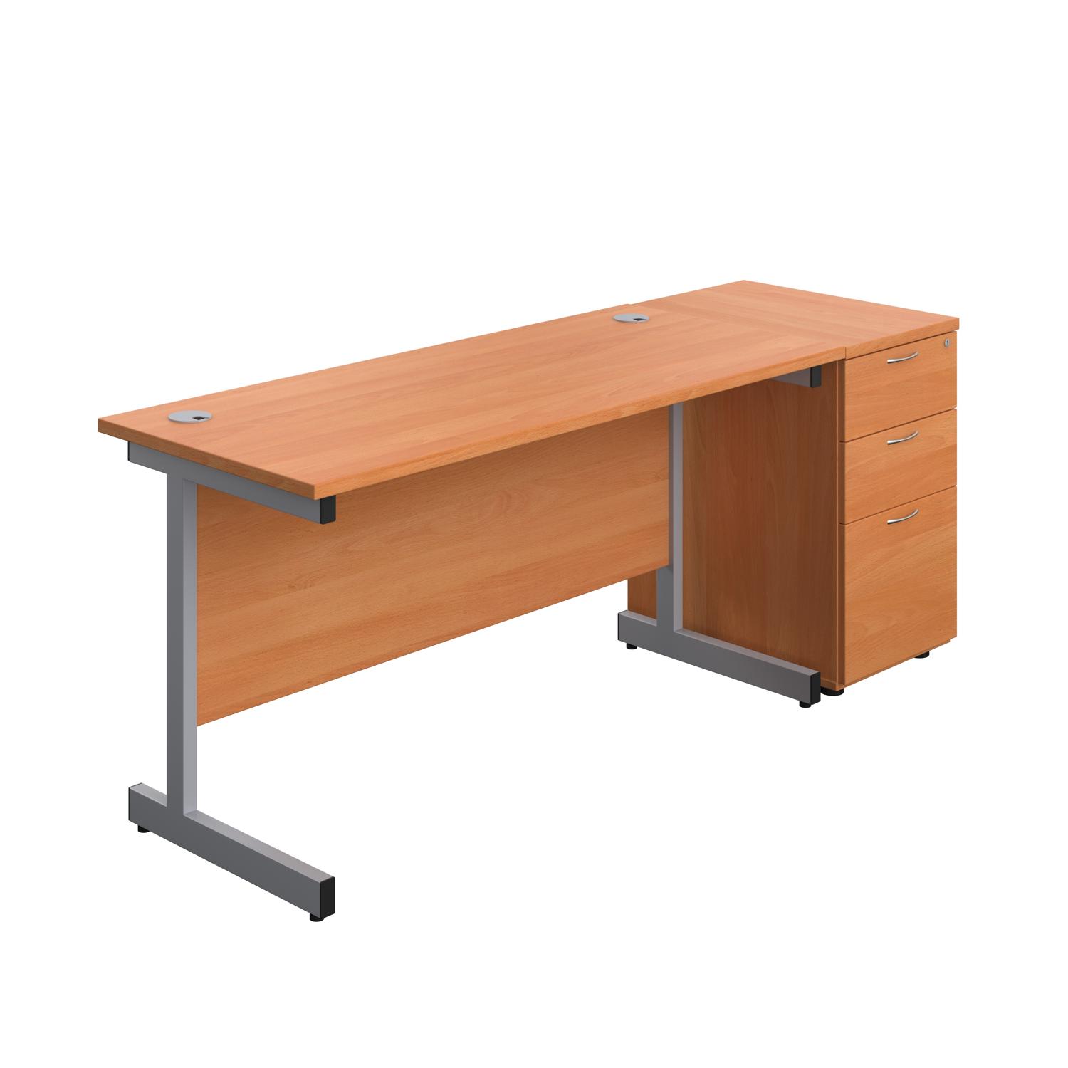 Single Upright Rectangular Desk + Desk High 3 Drawer Pedestal  1400 X 600 Beech/Silver