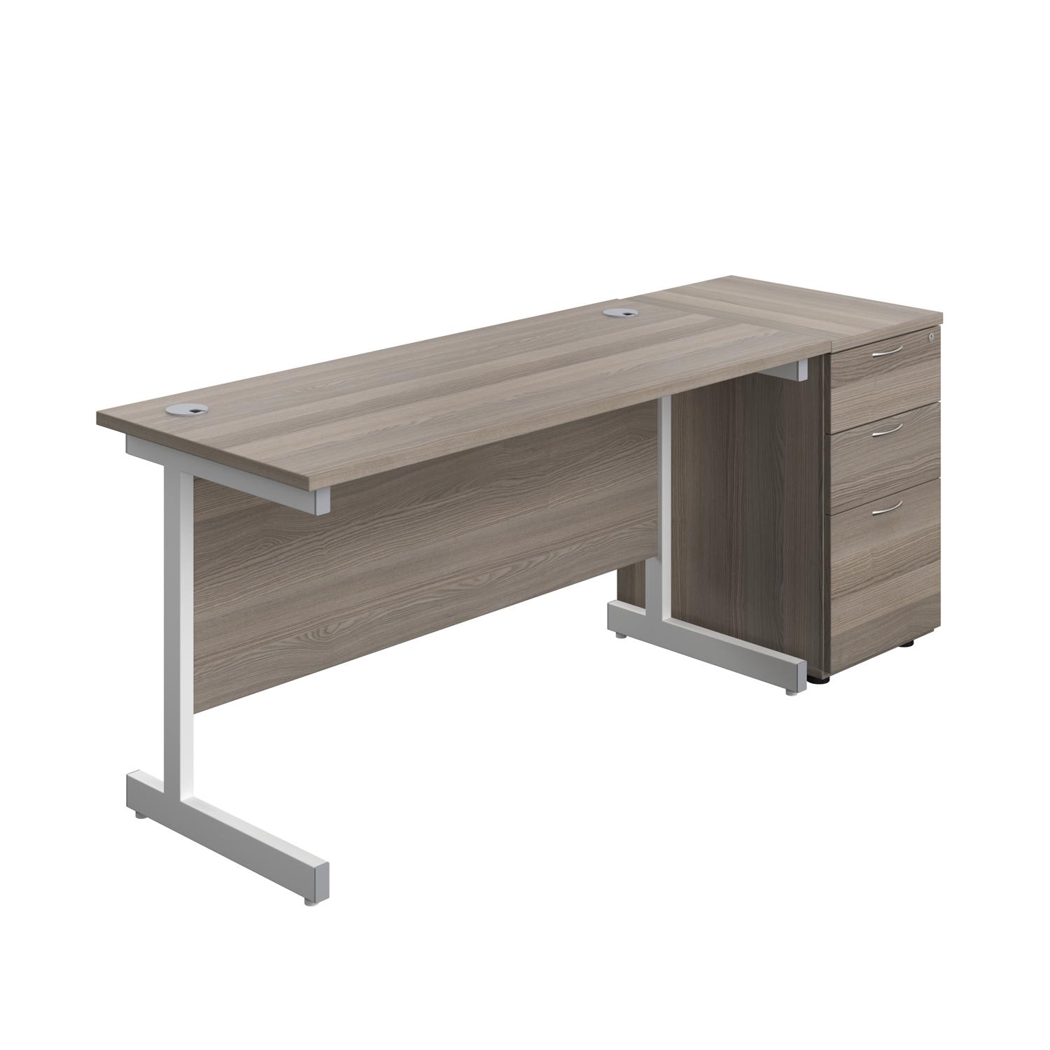 Single Upright Rectangular Desk + Desk High 3 Drawer Pedestal  1400 X 600 Grey Oak/White