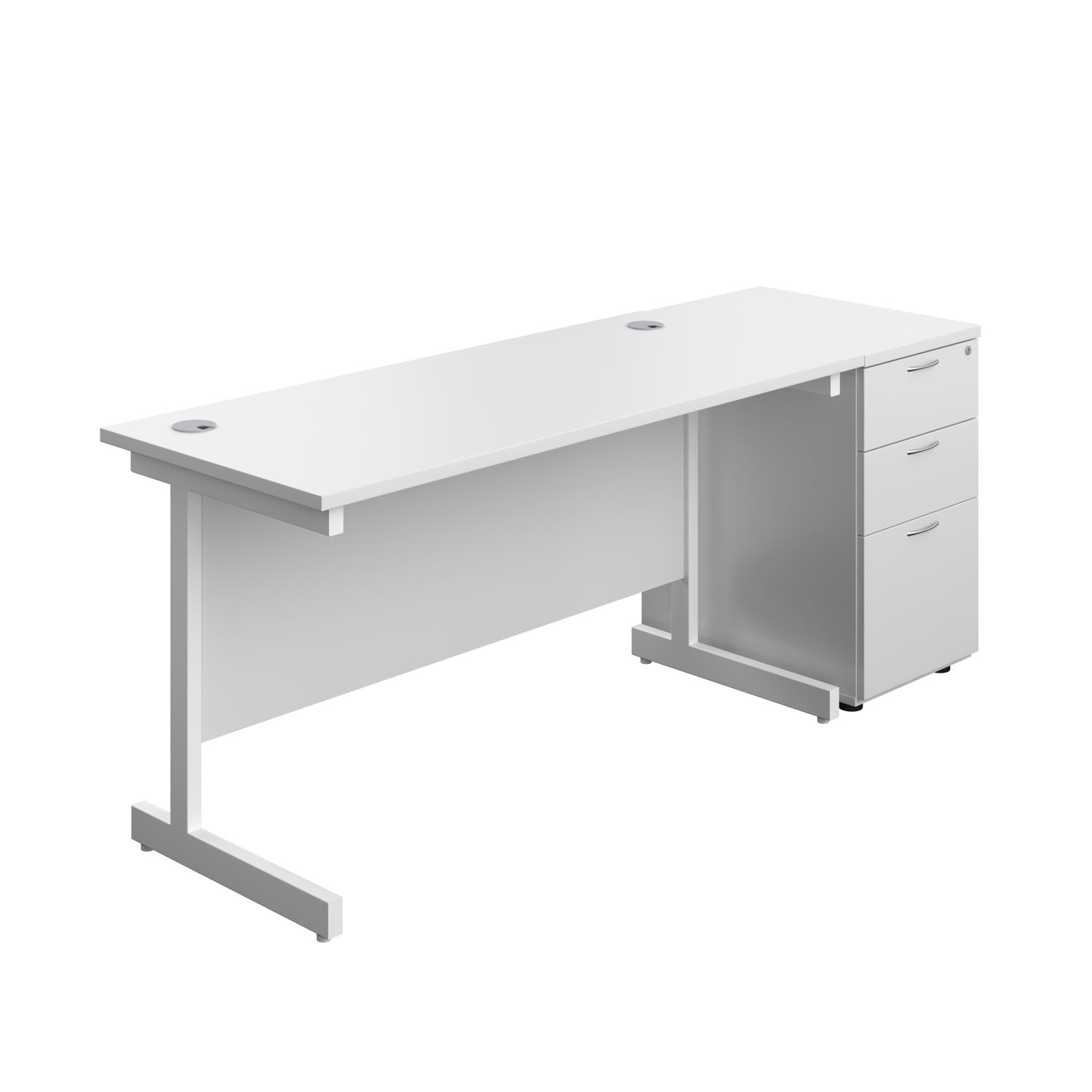 Single Upright Rectangular Desk + Desk High 3 Drawer Pedestal  1400 X 600 White/White