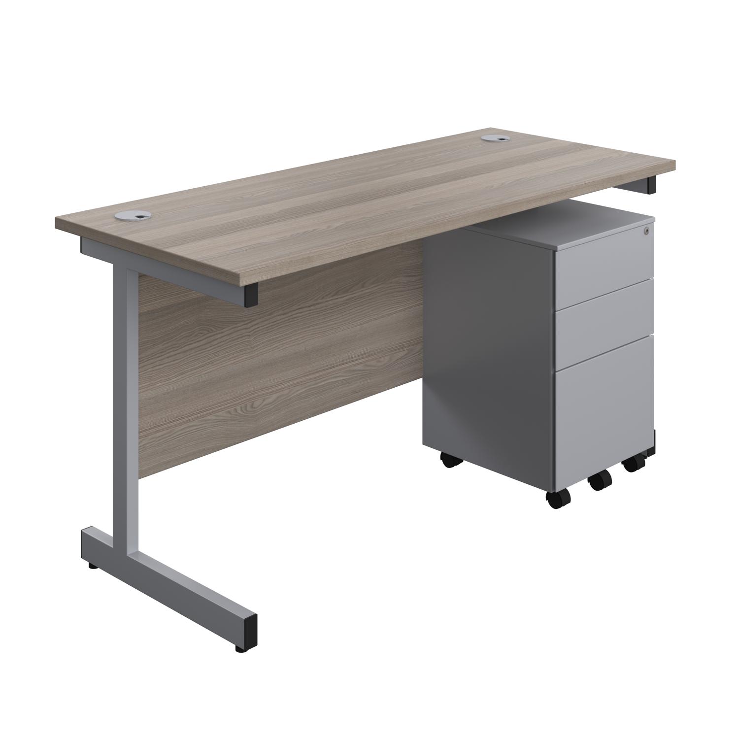 Single Upright Rectangular Desk + Under Desk Steel Pedestal 3 Drawers  1400 X 600 Grey Oak/Silver