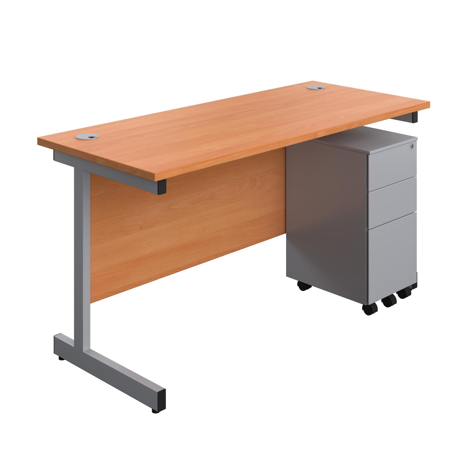 Single Upright Rectangular Desk + Slimline Steel Pedestal 3 Drawers  1400 X 600 Beech/Silver