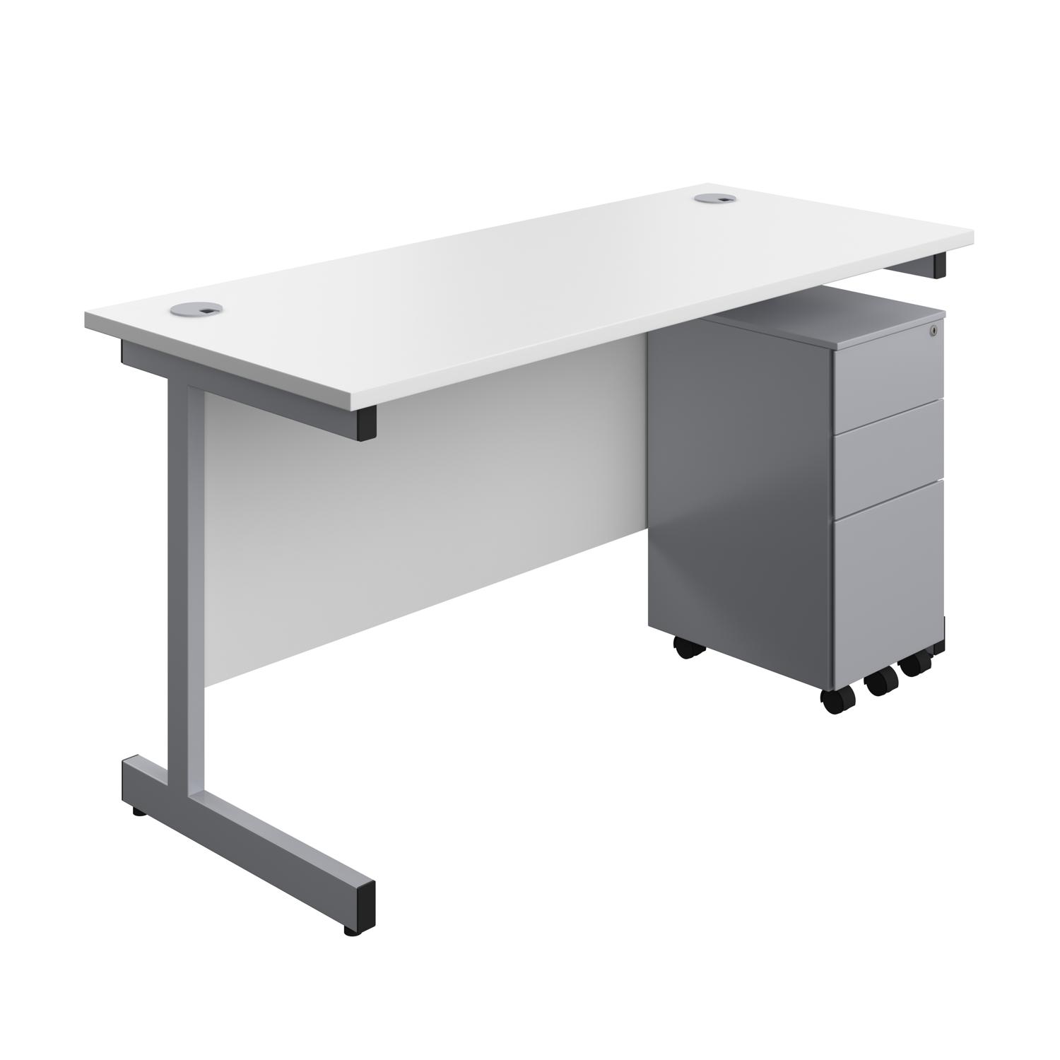 Single Upright Rectangular Desk + Slimline Steel Pedestal 3 Drawers  1400 X 600 White/Silver