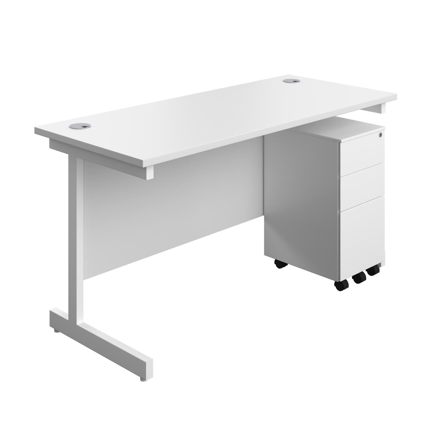 Single Upright Rectangular Desk + Slimline Steel Pedestal 3 Drawers  1400 X 600 White/White