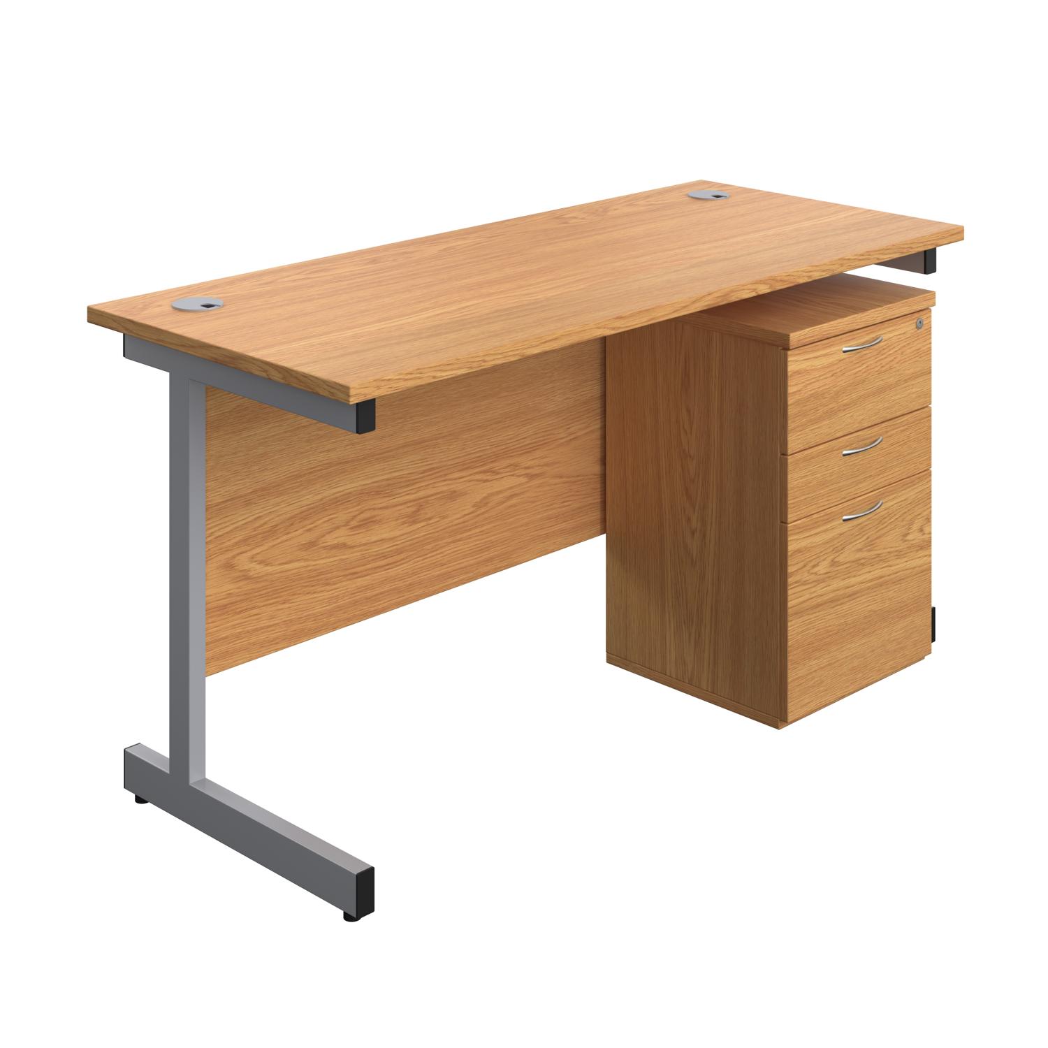 Single Upright Rectangular Desk + High Mobile Pedestal 3 Drawer  1400 X 600 Nova Oak/Silver